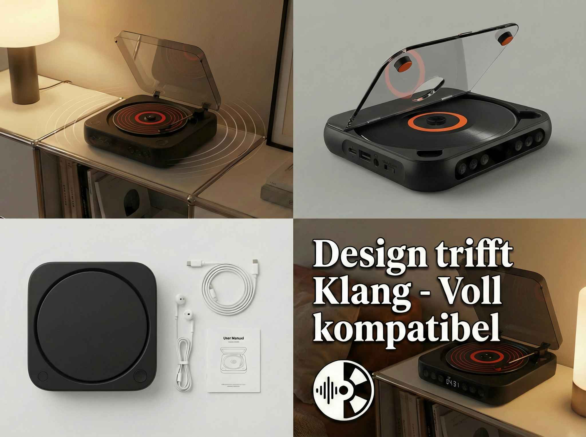 Schwarzer Plattenspieler mit Vinyl und Transparentem Deckel, Zubehör & Text.