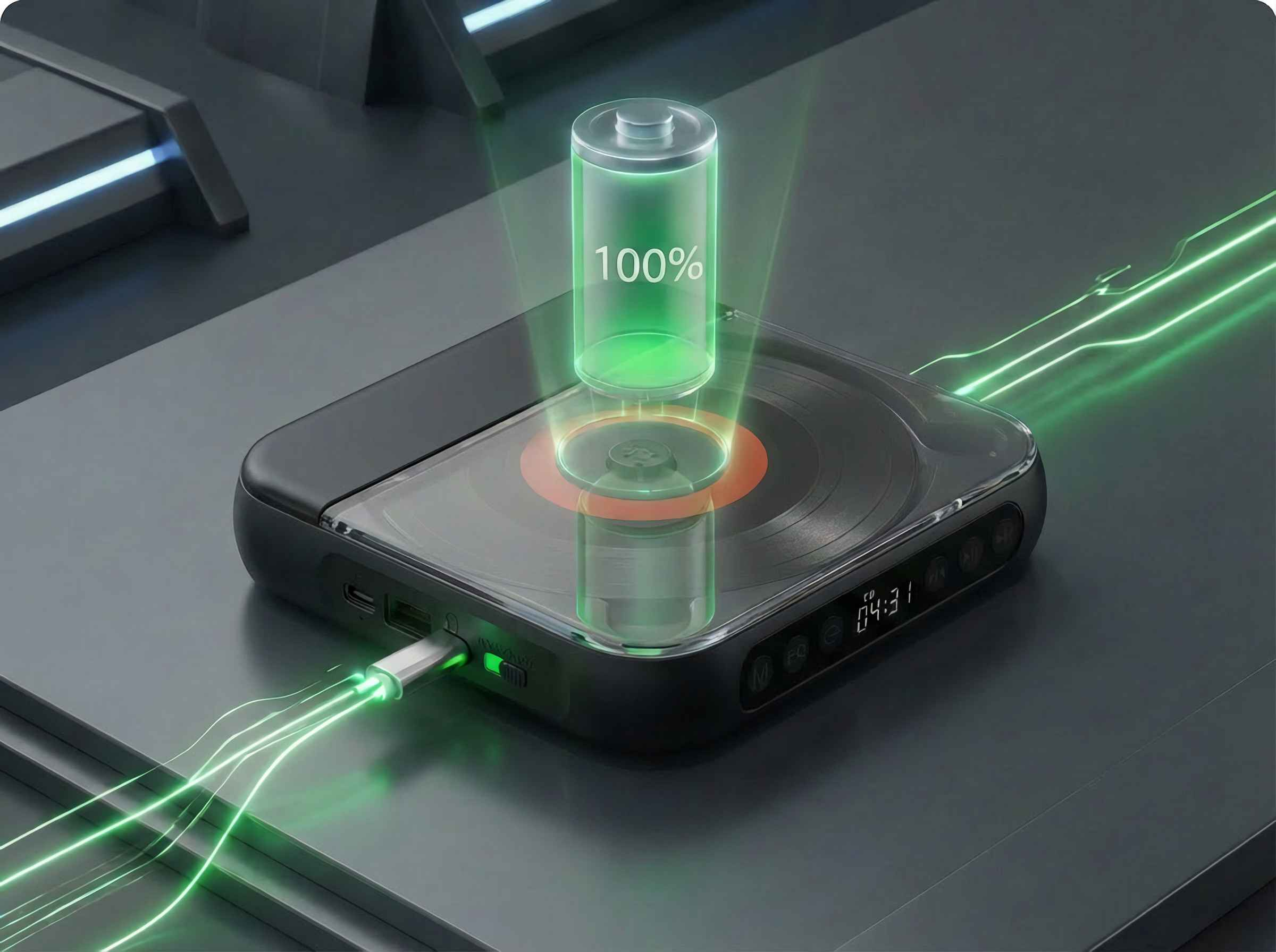 Ein schwarzes Gerät mit einem USB-Kabel, das 100% Akku anzeigt.