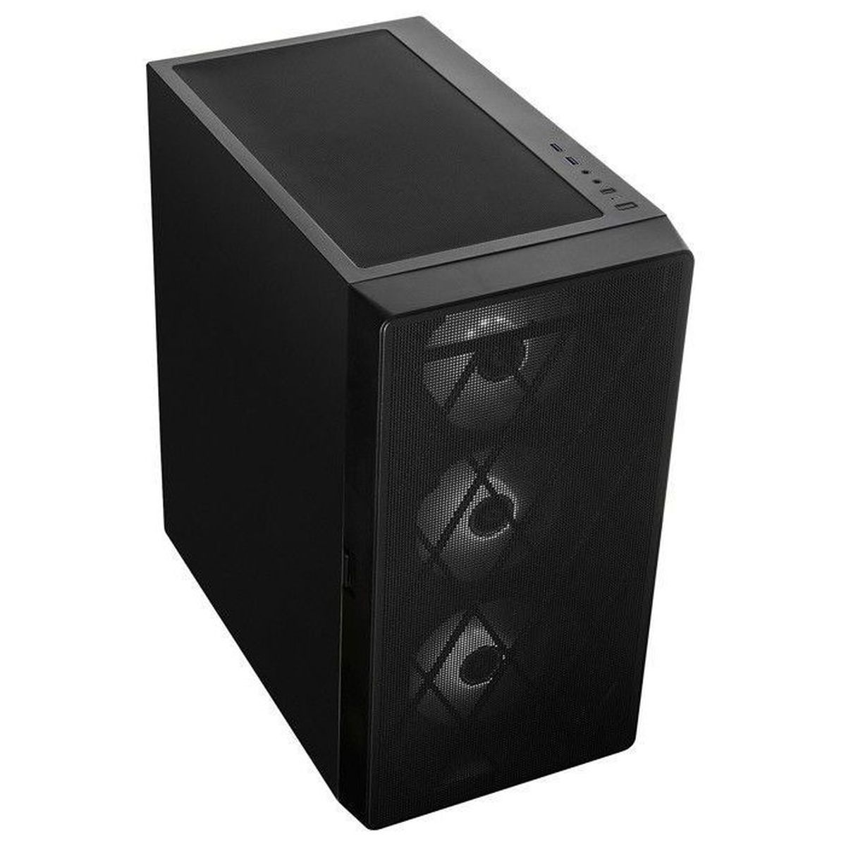 Case del computer nero con frontale in mesh e tre ventole illuminate.