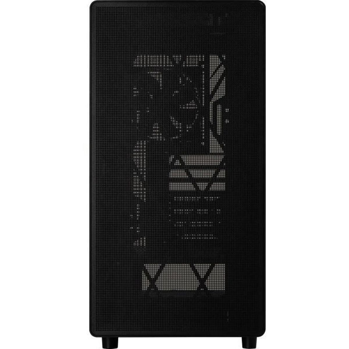 Case del computer nero con frontale perforato e ventole.