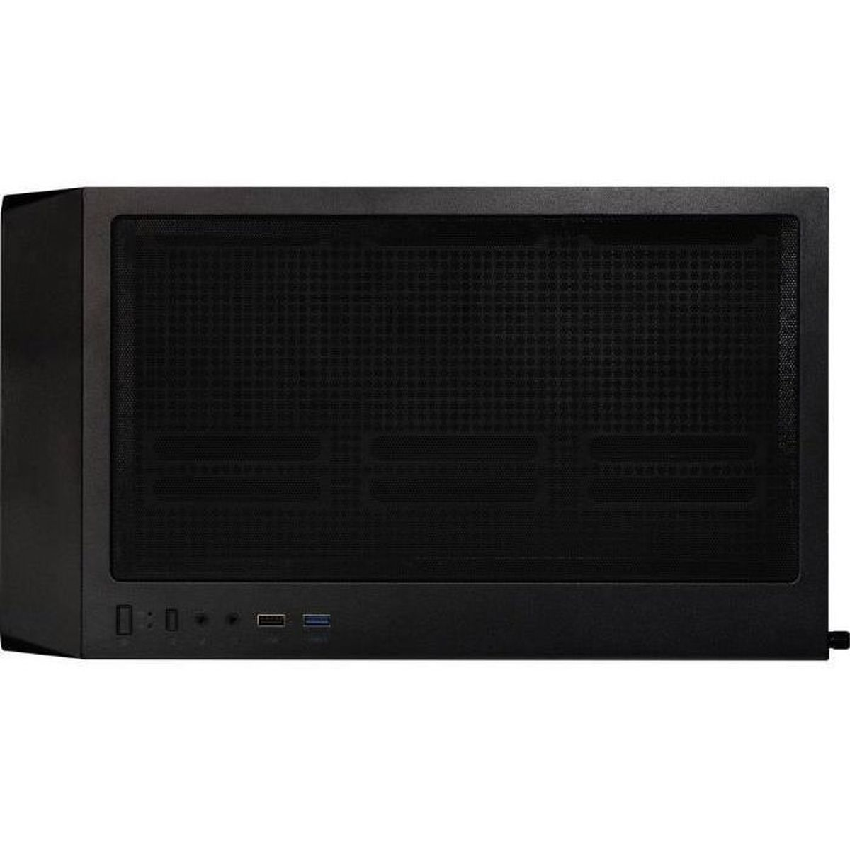 Un case per computer nero con pannello frontale perforato e pulsanti.