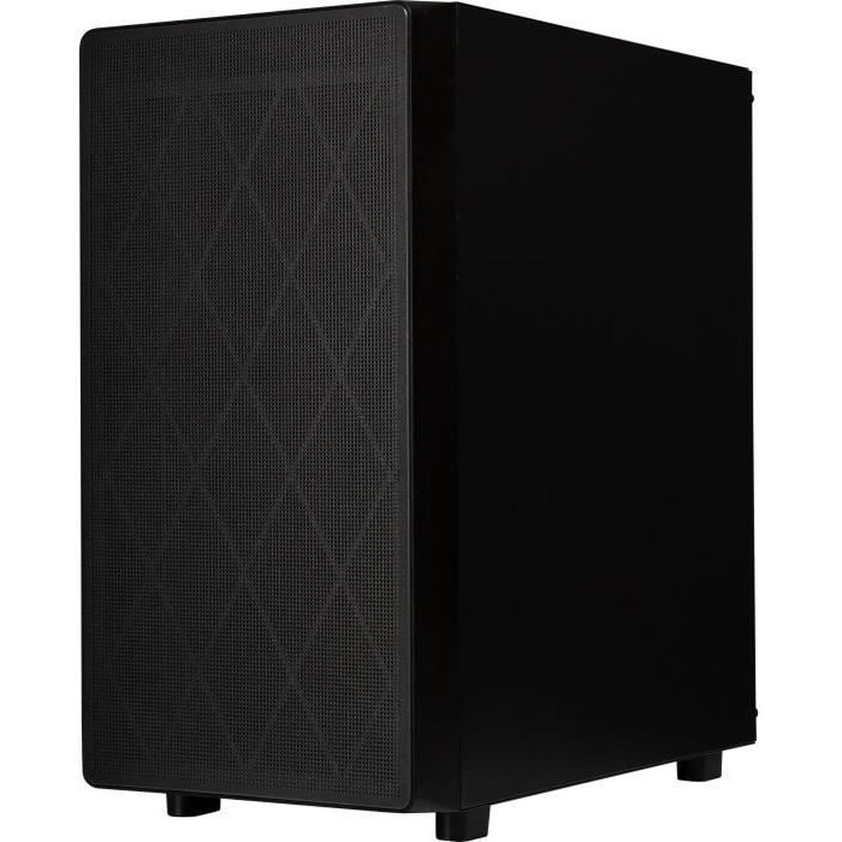 Case del computer nero con pannello frontale ventilato e piedini.