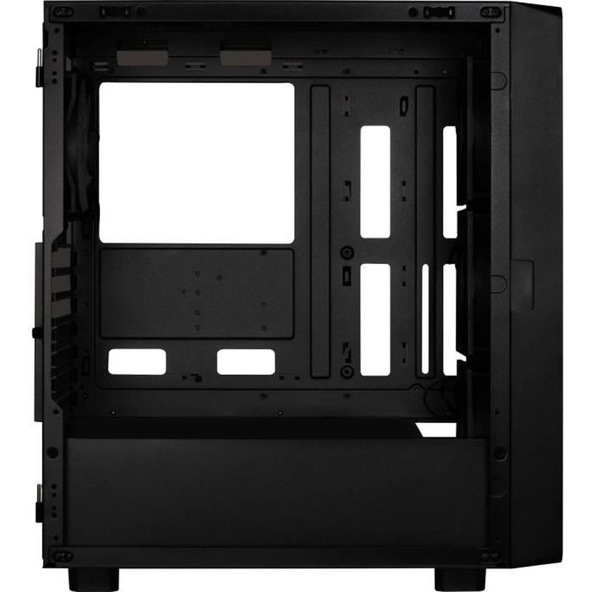 Interno vuoto di case PC nero con fori di montaggio e gestione cavi.