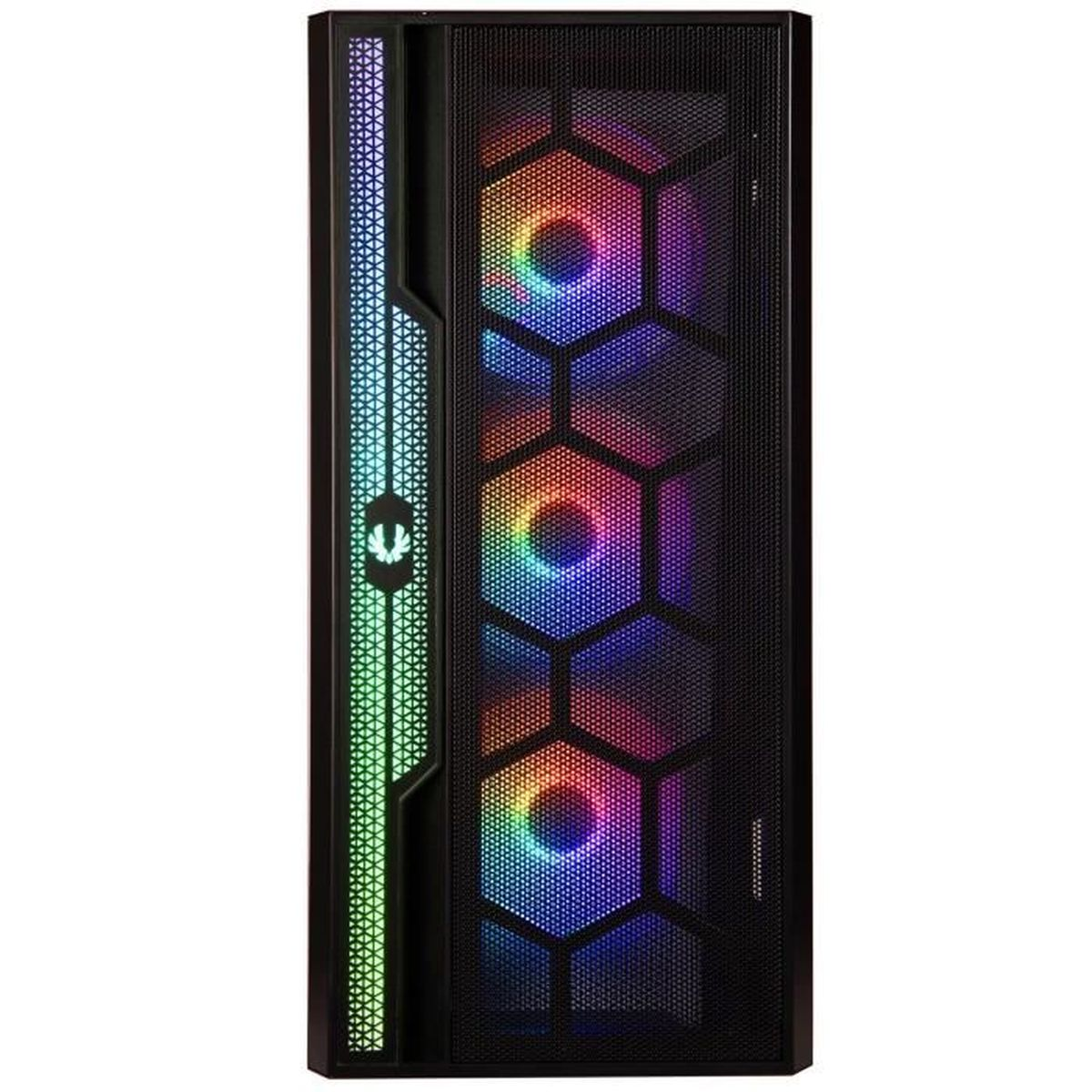 Un case per computer nero con ventole RGB e una striscia luminosa laterale.