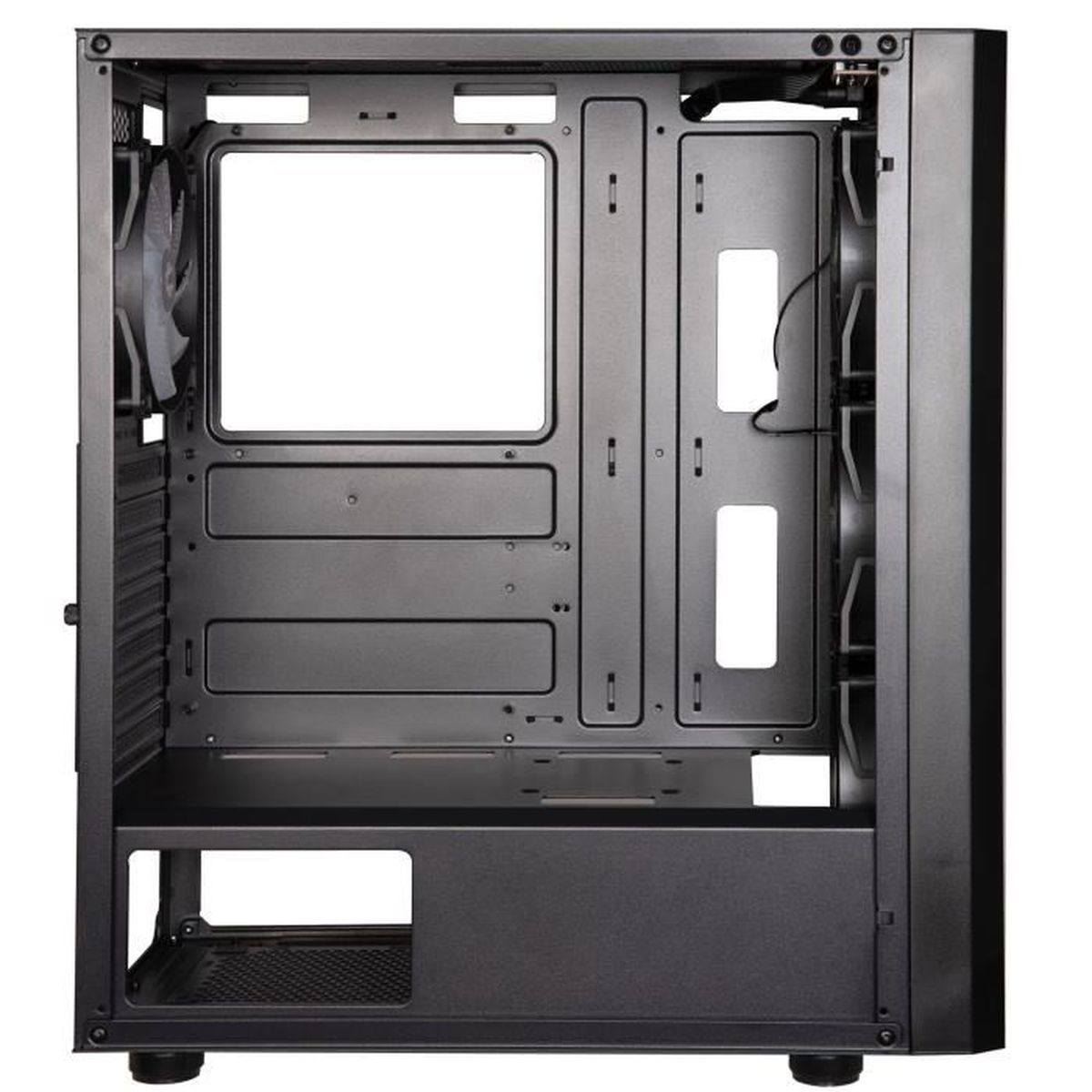 Vista interna di un case per computer nero con ventole e alloggiamenti.