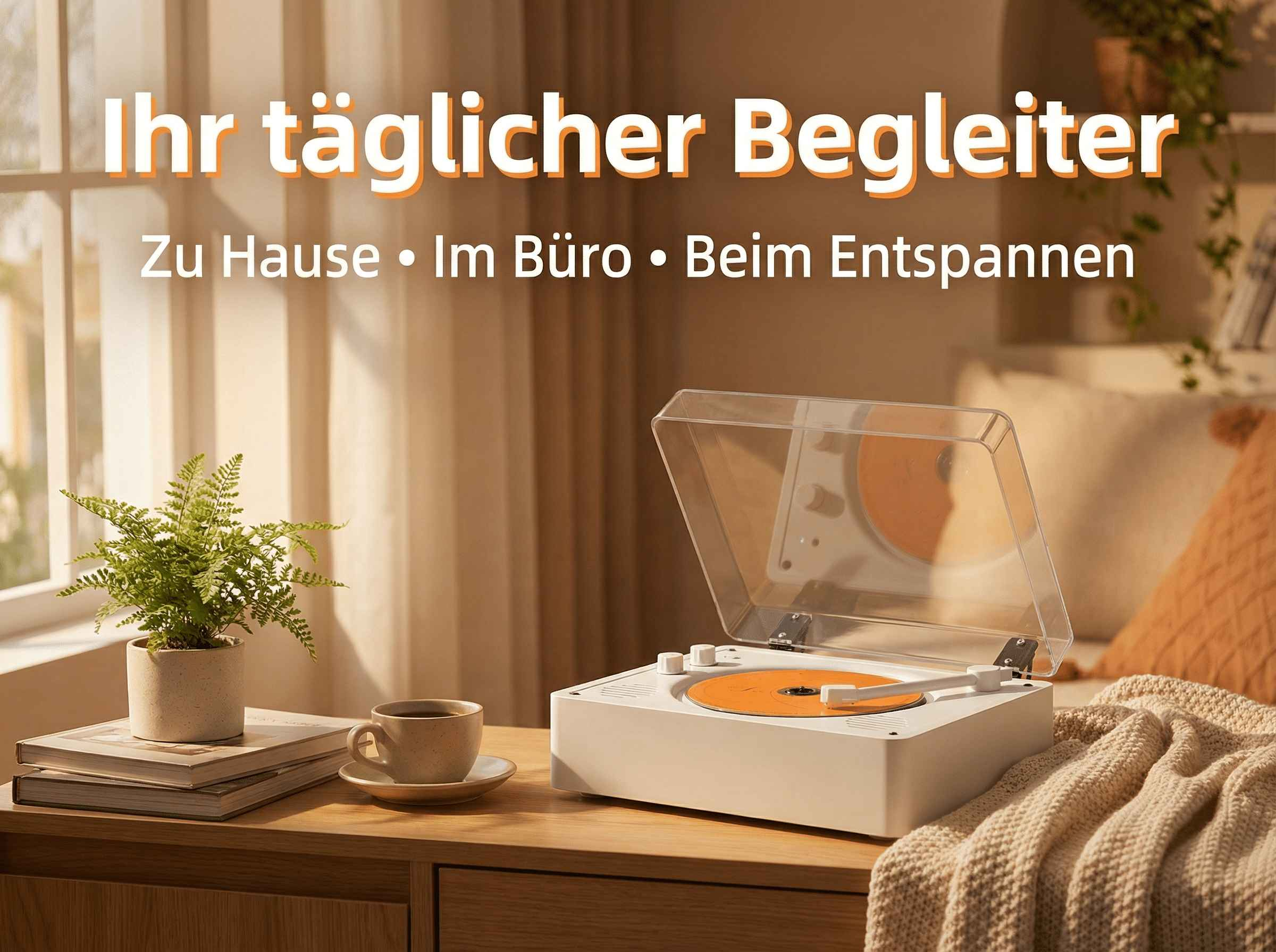 Ein weißer Plattenspieler mit offenem Deckel auf einem Holztisch neben einer Tasse Kaffee.