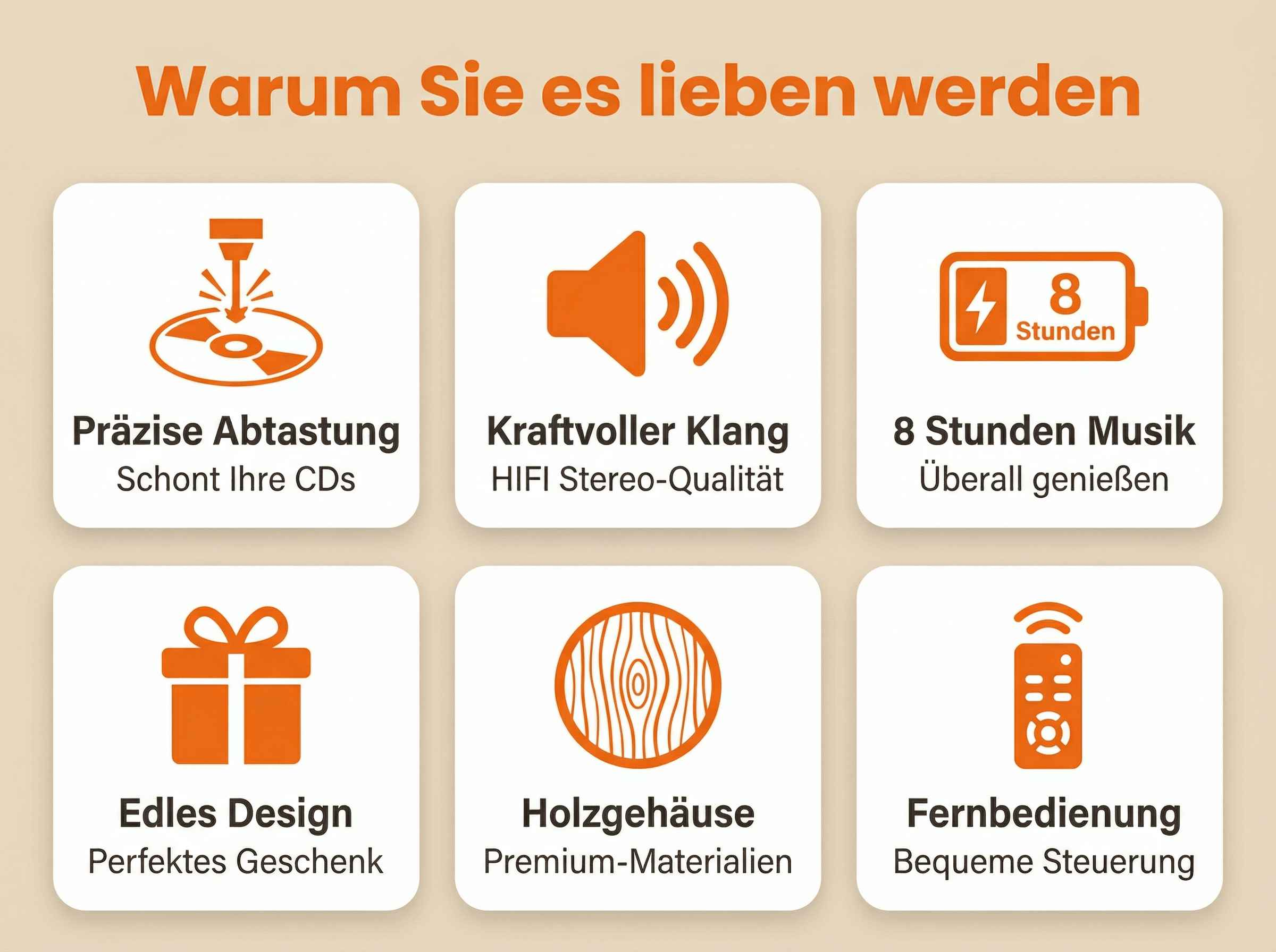 Icons: CD-Leser, Lautsprecher, Akku, Geschenk, Holz, Fernbedienung.
