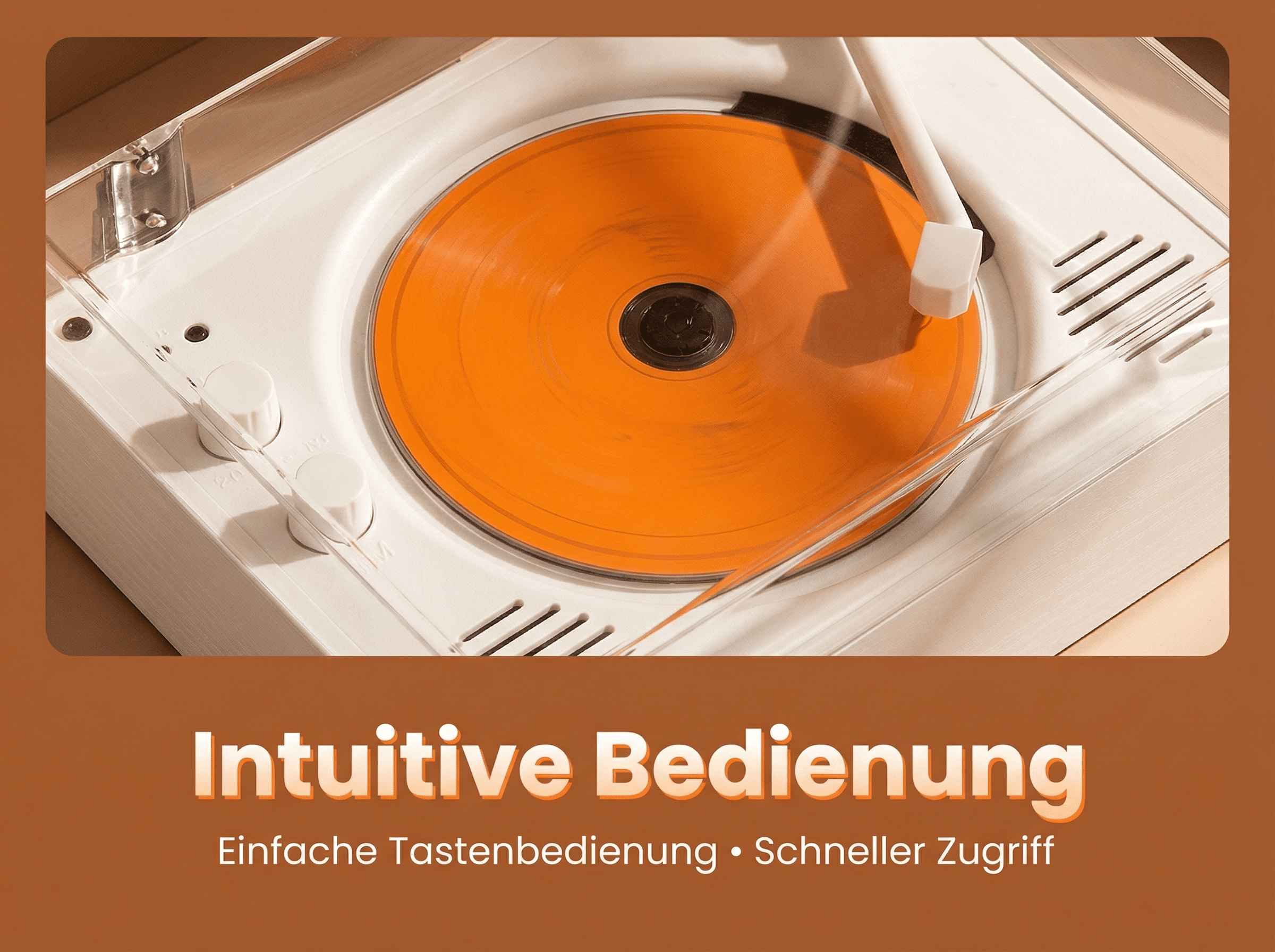 Ein weißer Plattenspieler mit einem orangefarbenen Plattenteller und einem Tonarm.