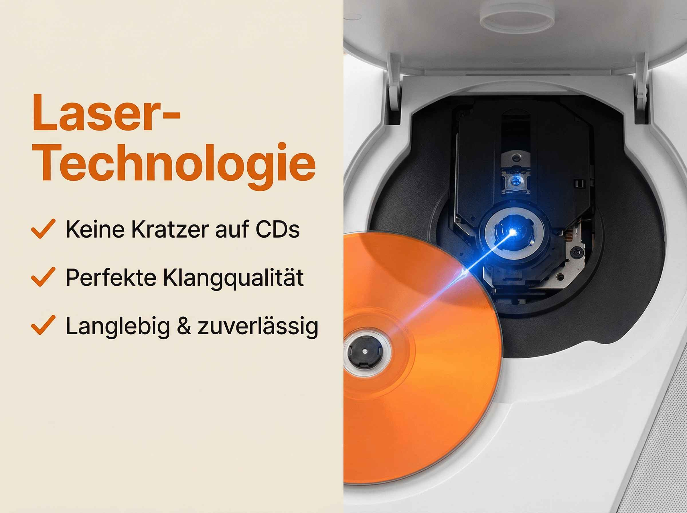 CD-Player-Lasertechnologie mit leuchtendem blauen Laserstrahl auf orangefarbener CD.