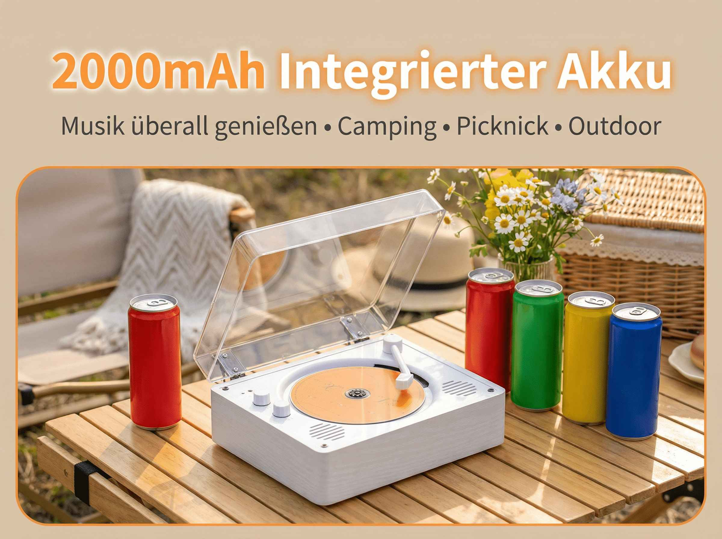 Ein weißer Plattenspieler mit bunten Dosen und Blumen auf einem Holztisch.
