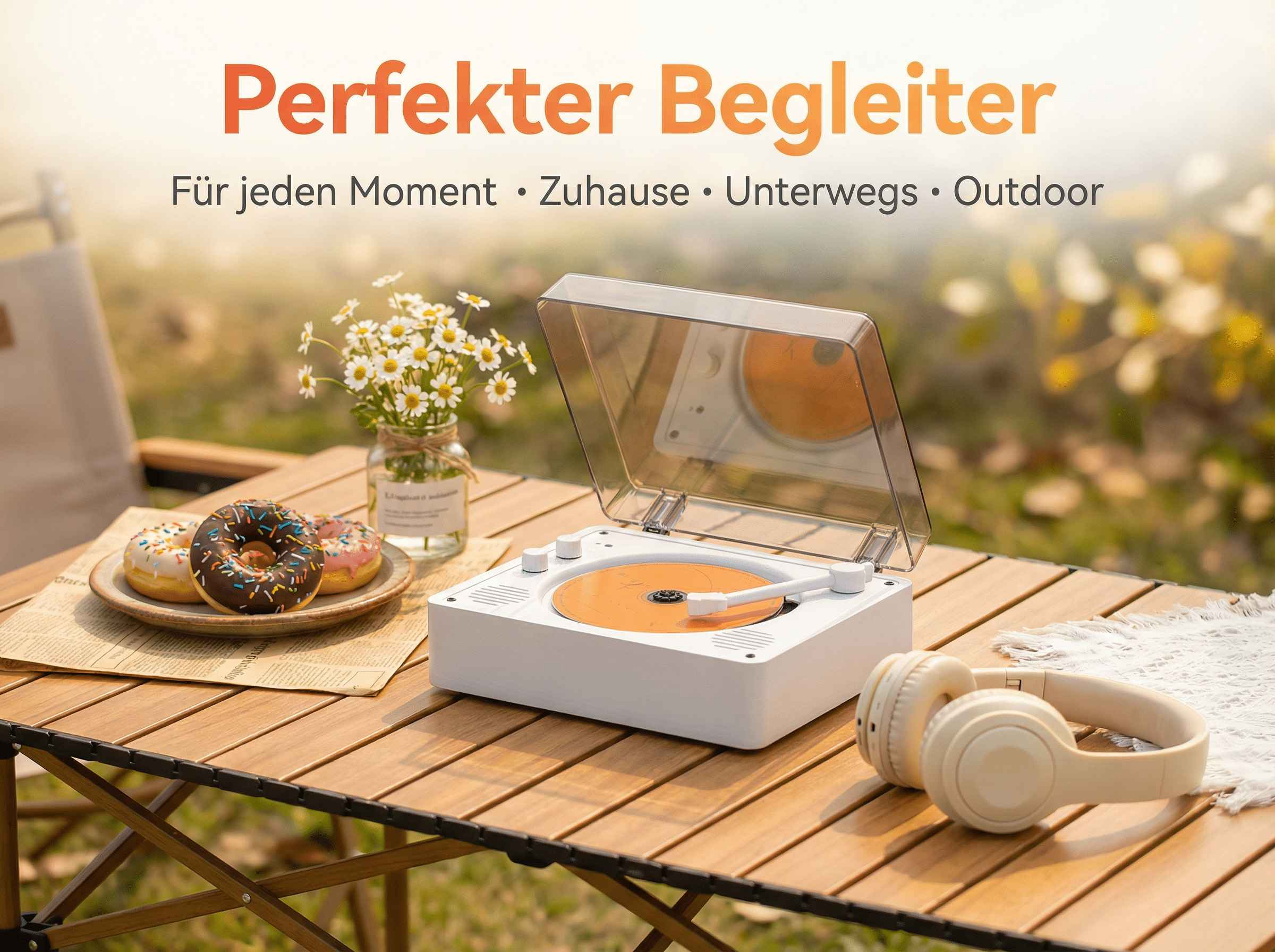 Ein weißer Plattenspieler mit Kopfhörern und Donuts auf einem Holztisch im Freien.