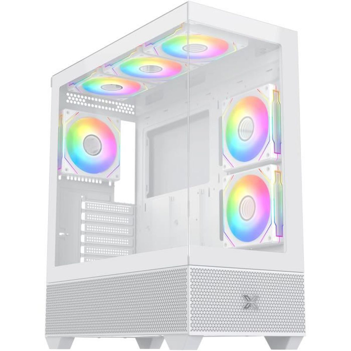 Case PC bianco con ventole RGB e pannello frontale in vetro.