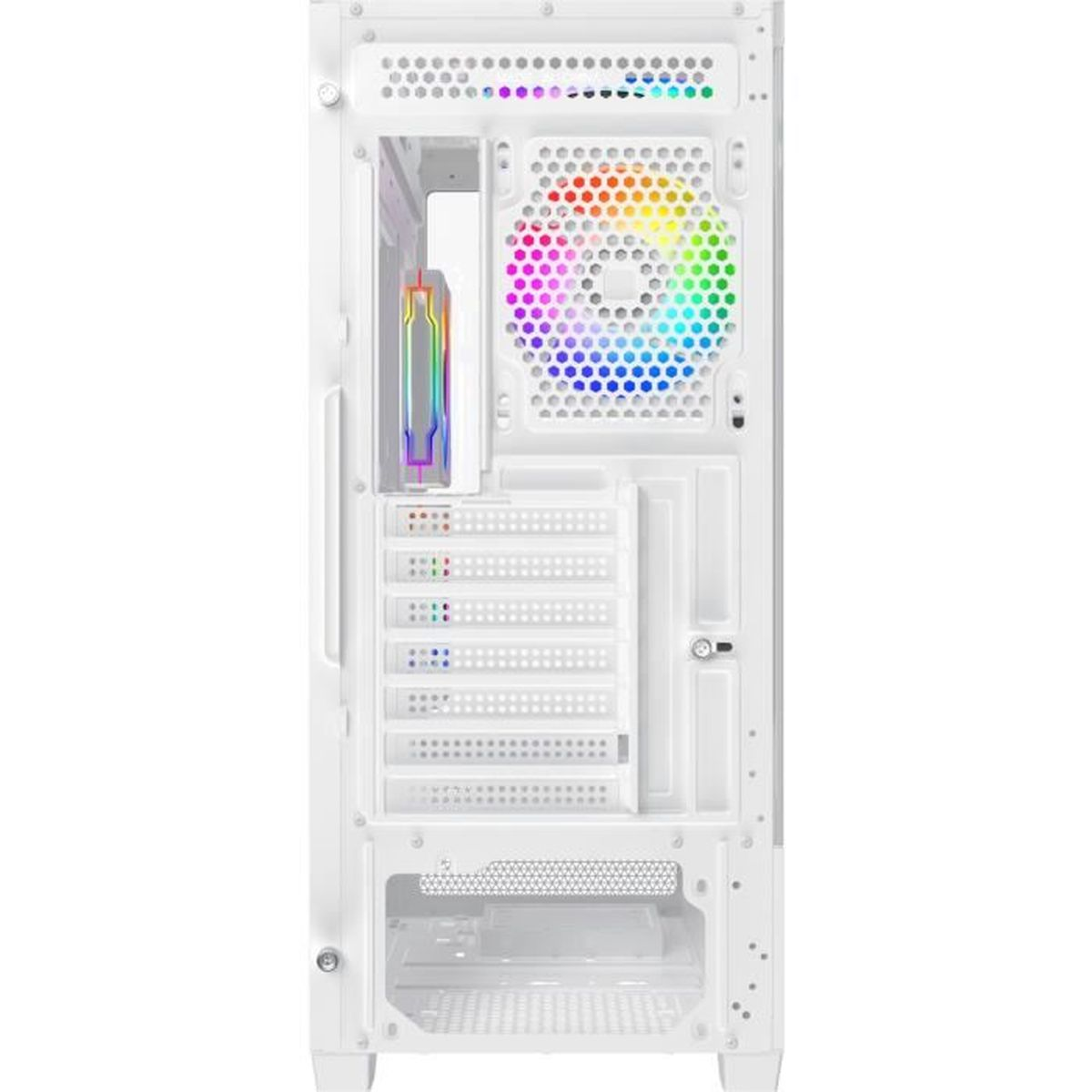 Vista posteriore case PC bianco con ventola RGB e porte.