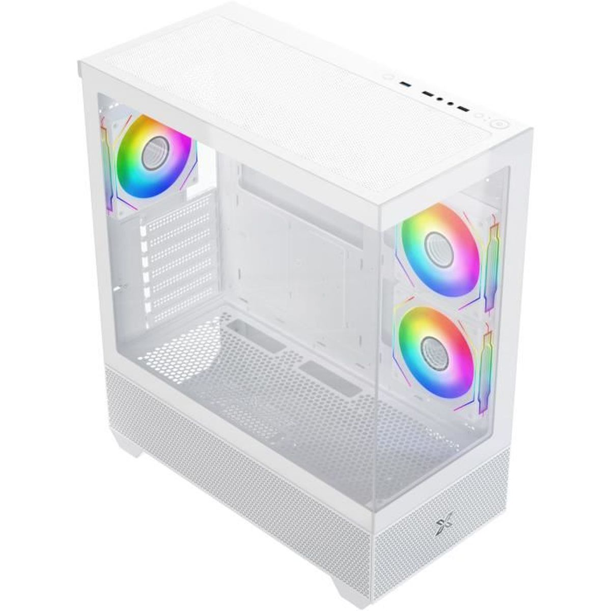 Un case per PC bianco con ventole RGB e pannelli laterali trasparenti.