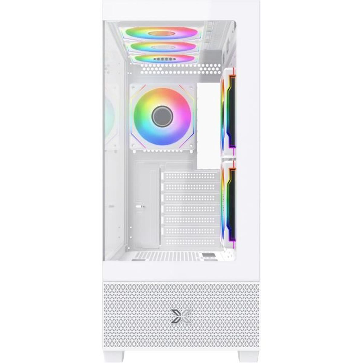 Un case per computer bianco con ventole RGB colorate in alto e di lato.