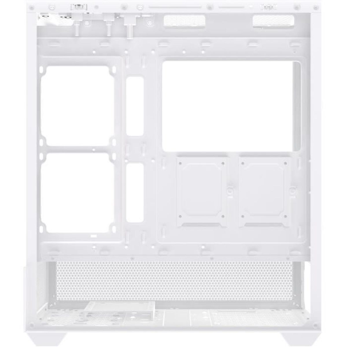 Vista interna di un case PC bianco con punti di montaggio.