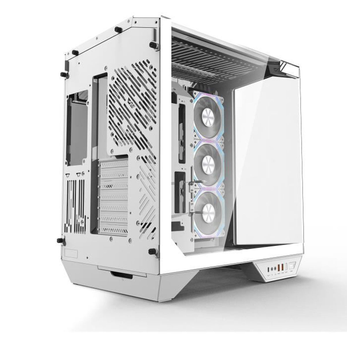 Ein weißes Computergehäuse mit drei RGB-Lüftern und Glasfront.