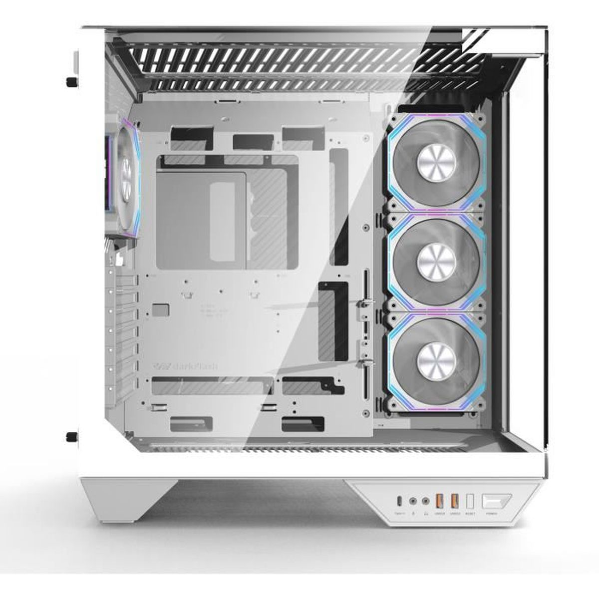 Ein weißes Computergehäuse mit RGB-Lüftern und Glasfront.