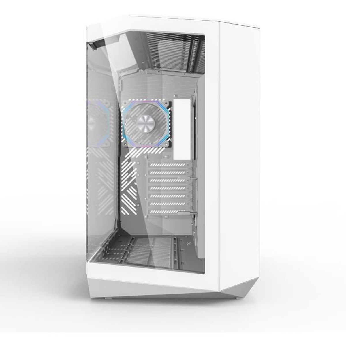 Ein weißes Computergehäuse mit Glasfront und RGB-Lüftern.