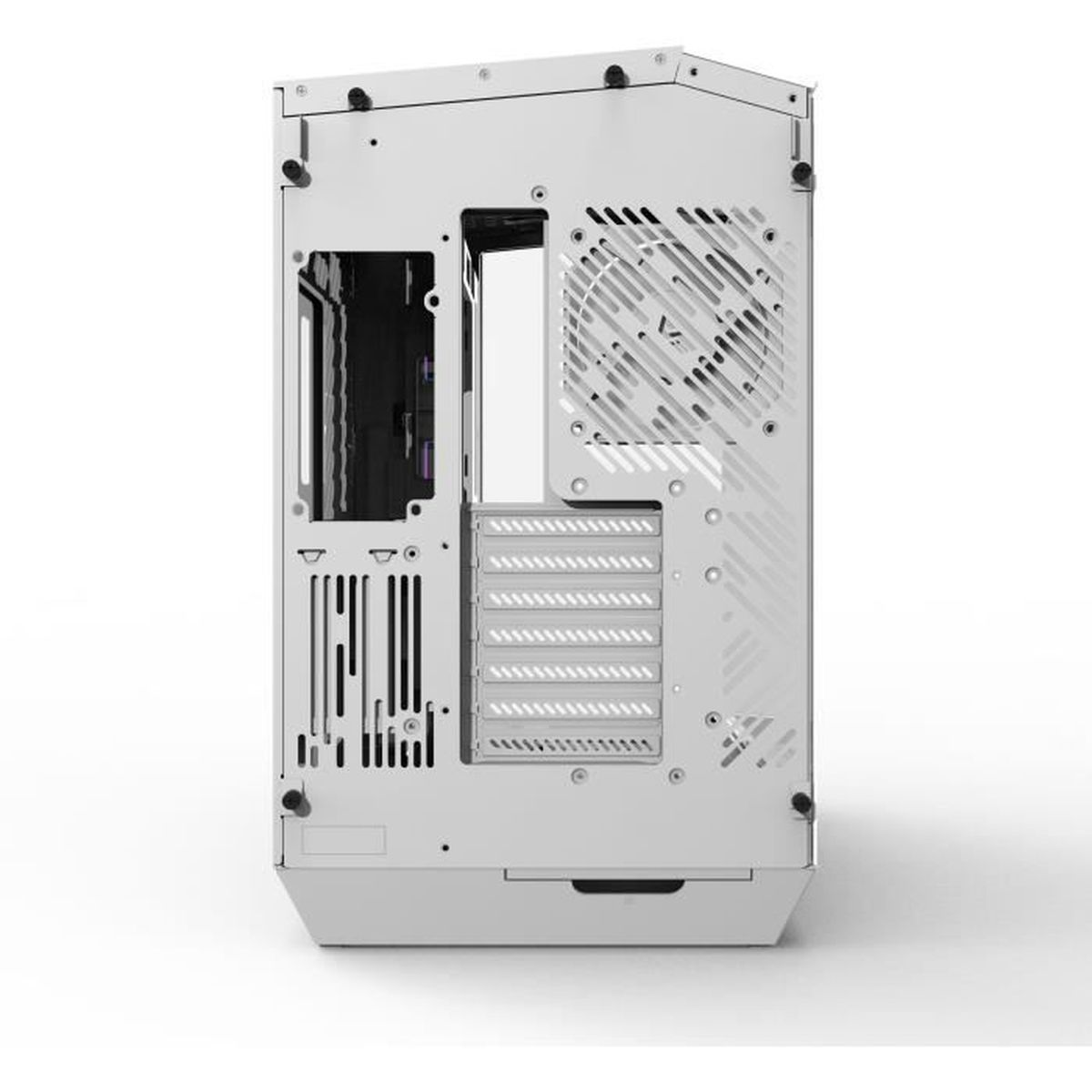 Rückseite eines weißen Computergehäuses mit Lüftergittern und Anschlüssen.