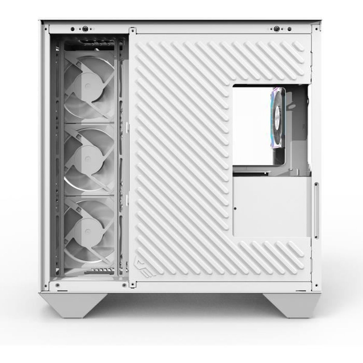Weißes Computergehäuse-Interieur mit drei Lüftern links und einem Lüfter rechts.