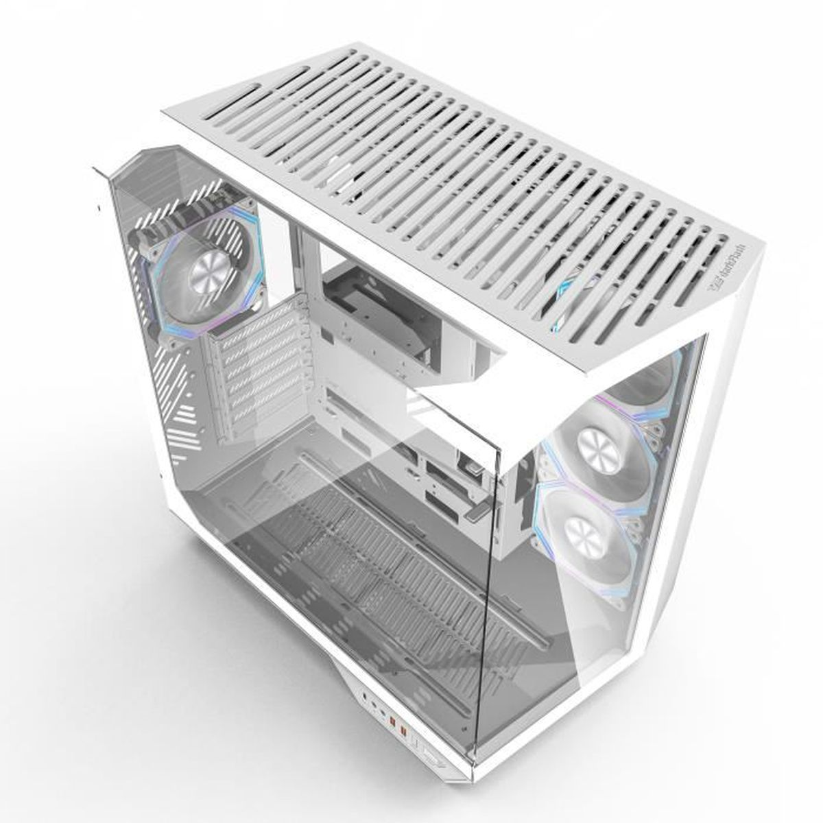 Weißer PC-Gehäusestruktur mit Glasfront und Lüftern.