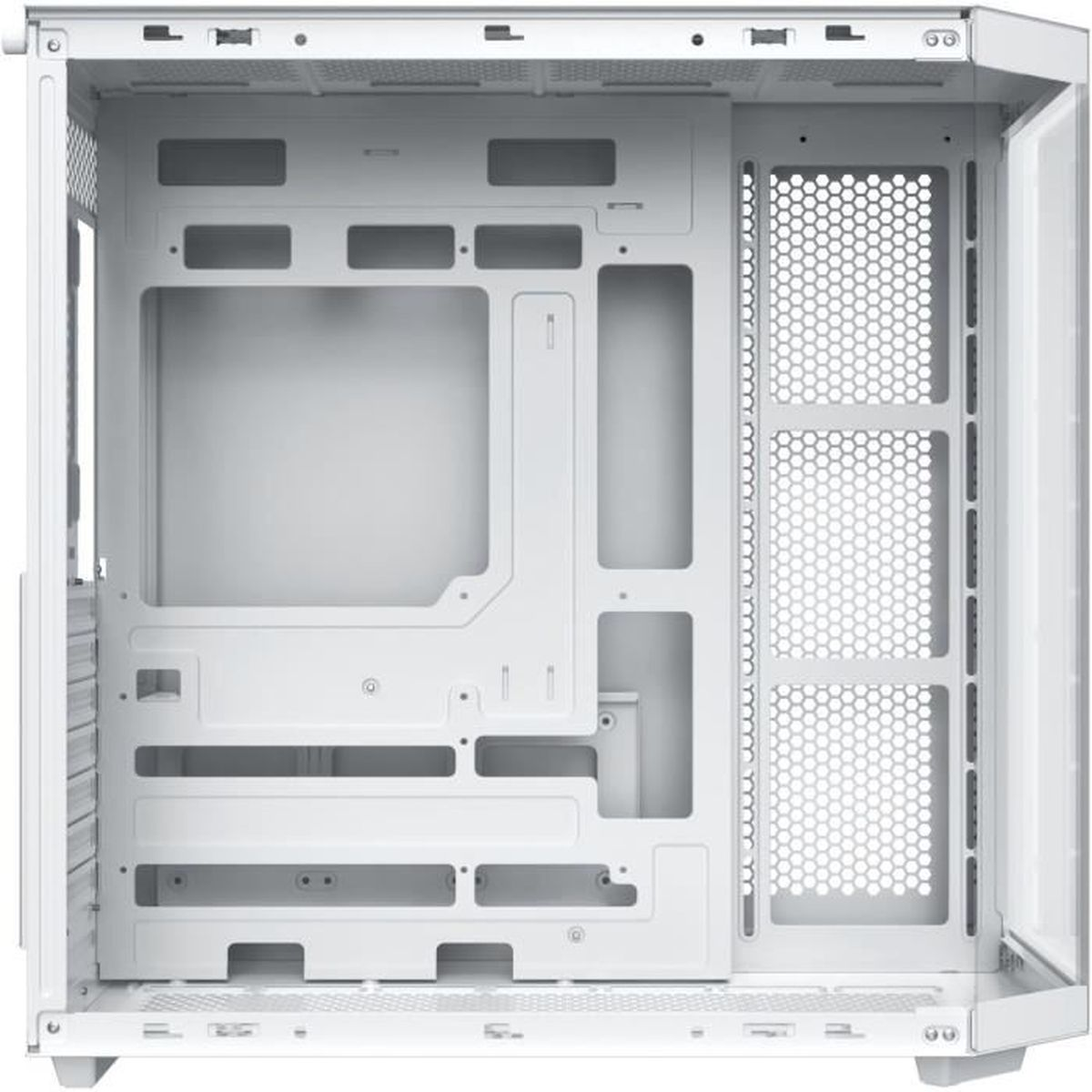 Innenansicht eines weißen Computergehäuses mit Montagepunkten für Komponenten.