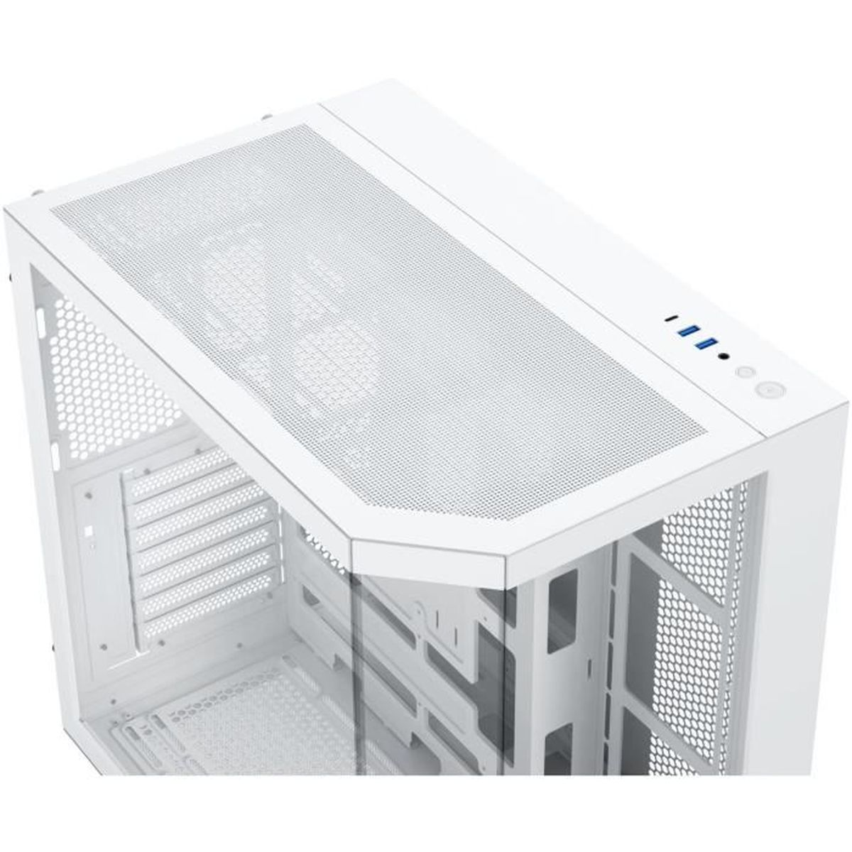 Ein weißes Computergehäuse mit Glasseite und Mesh-Oberseite.