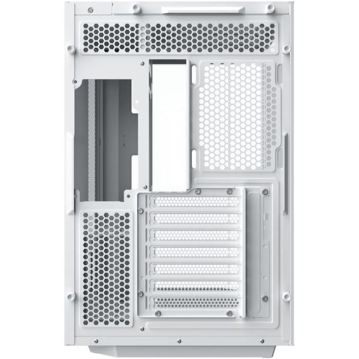 Rückseite eines weißen Computergehäuses mit Lüftungsgittern und Steckplätzen.