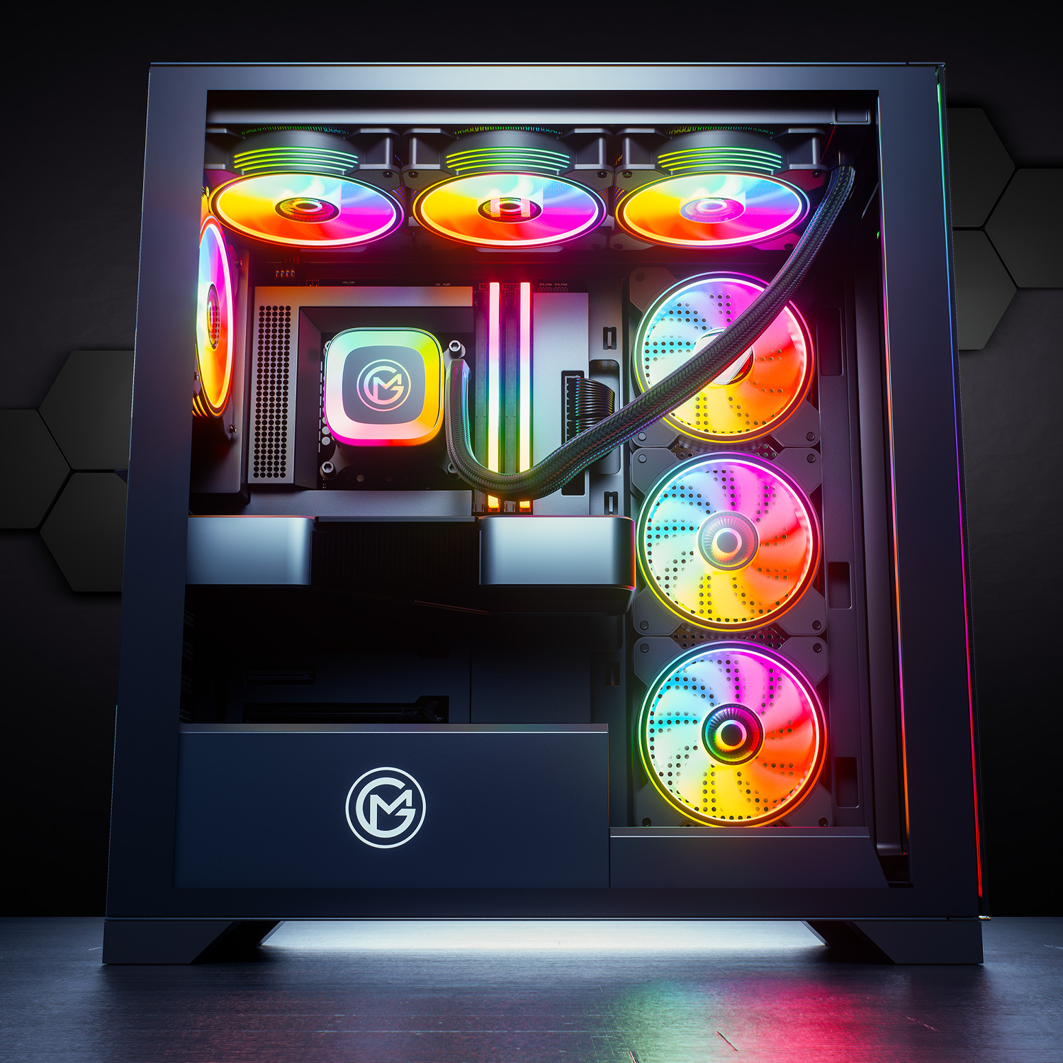 Ein offener PC mit bunten RGB-Lüftern und Kühlkomponenten.