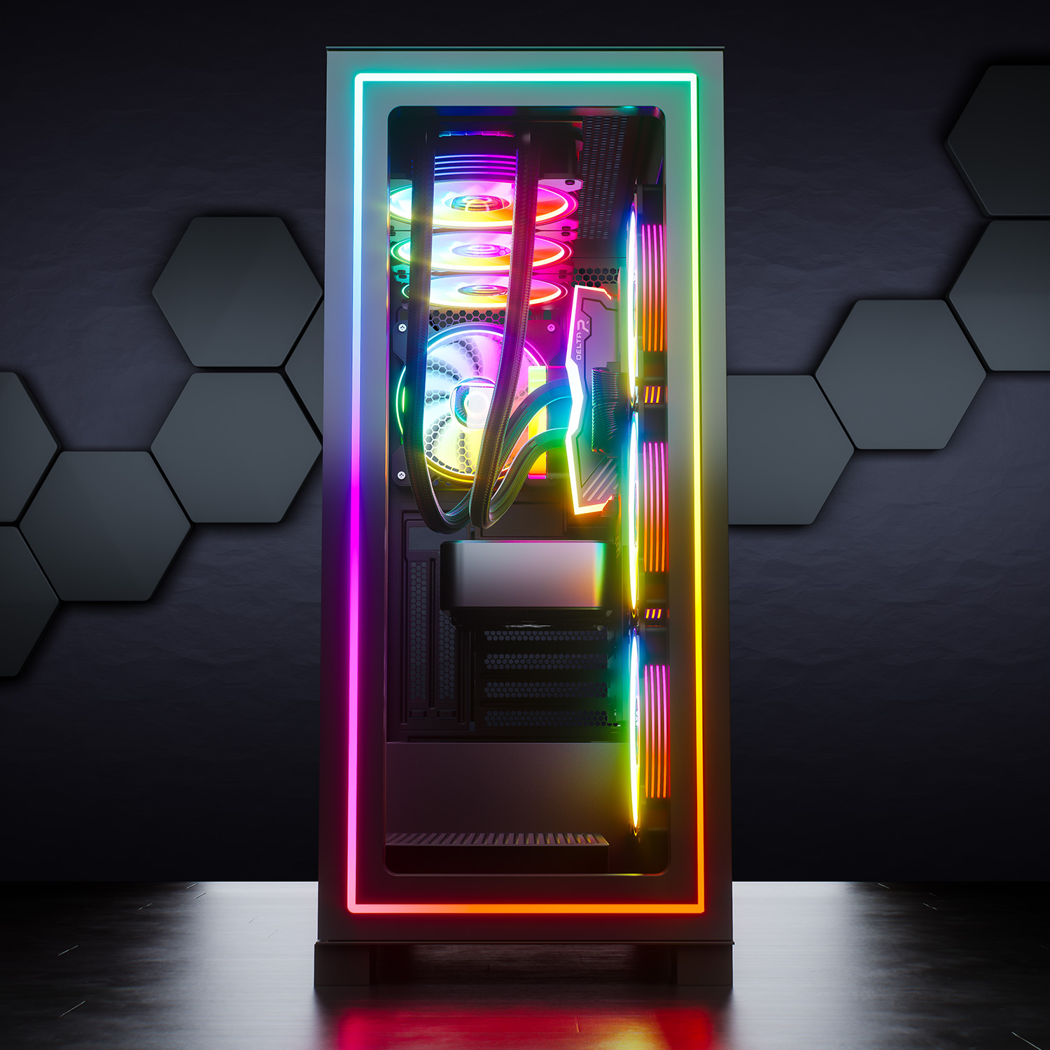Ein PC-Gehäuse mit RGB-Beleuchtung, Lüftern und Wasserkühlung.