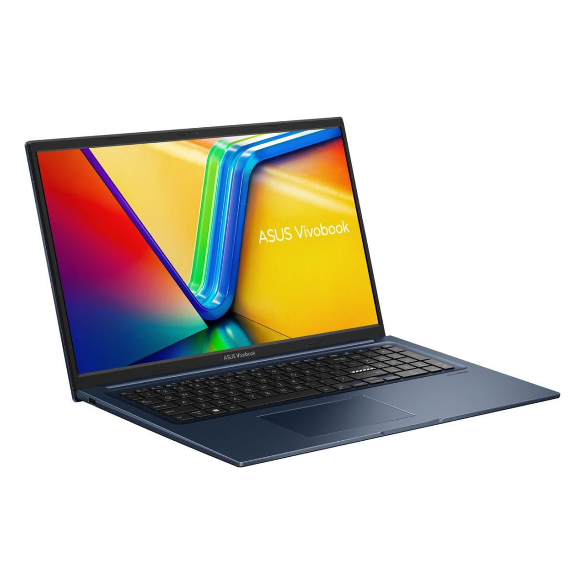 Ein offener blauer ASUS Vivobook Laptop mit bunter Hintergrundgrafik.
