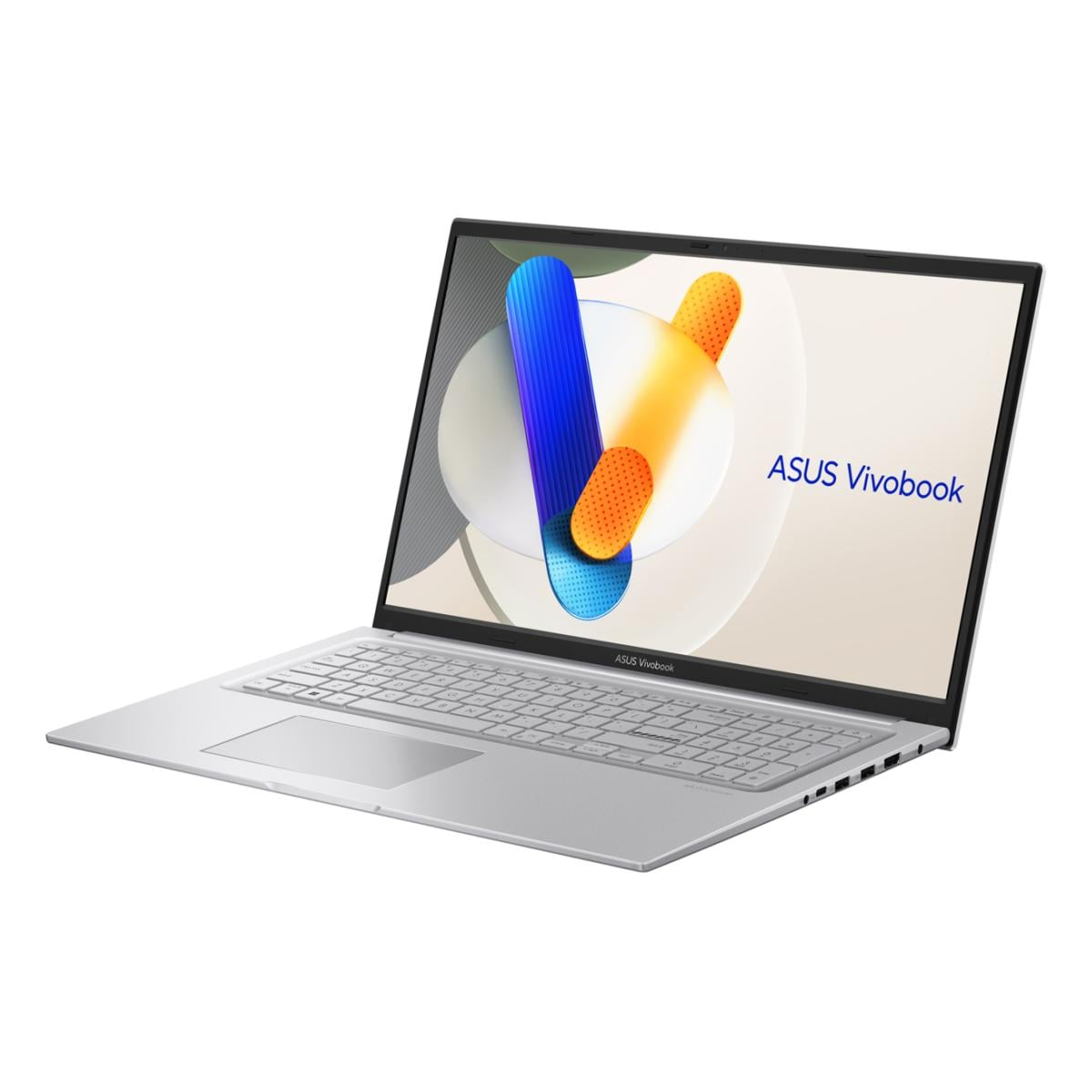 Ein silberner ASUS Vivobook Laptop mit einem abstrakten Design auf dem Bildschirm.