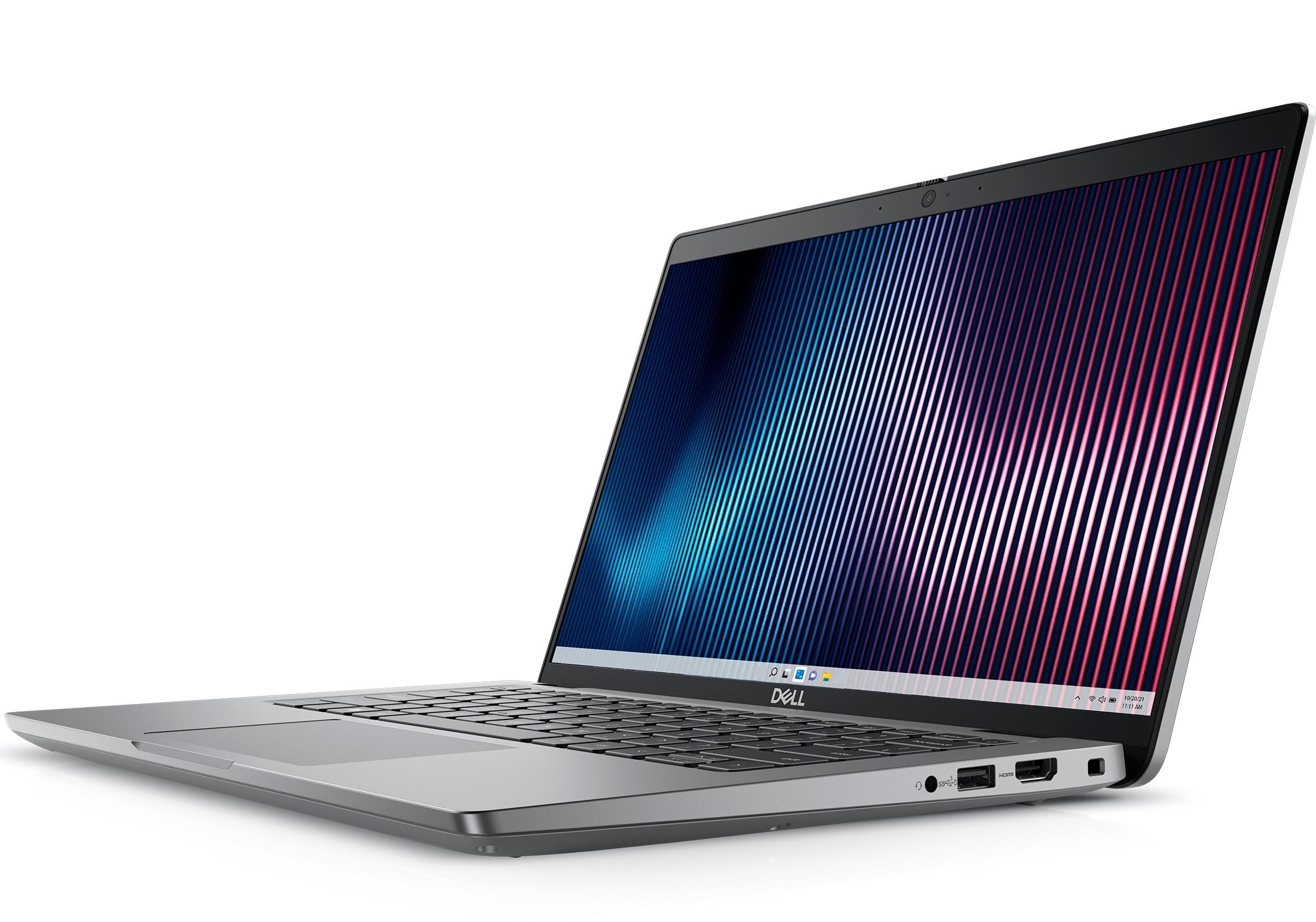 Ein silberner Dell Laptop mit einem bunten Hintergrund auf dem Bildschirm.