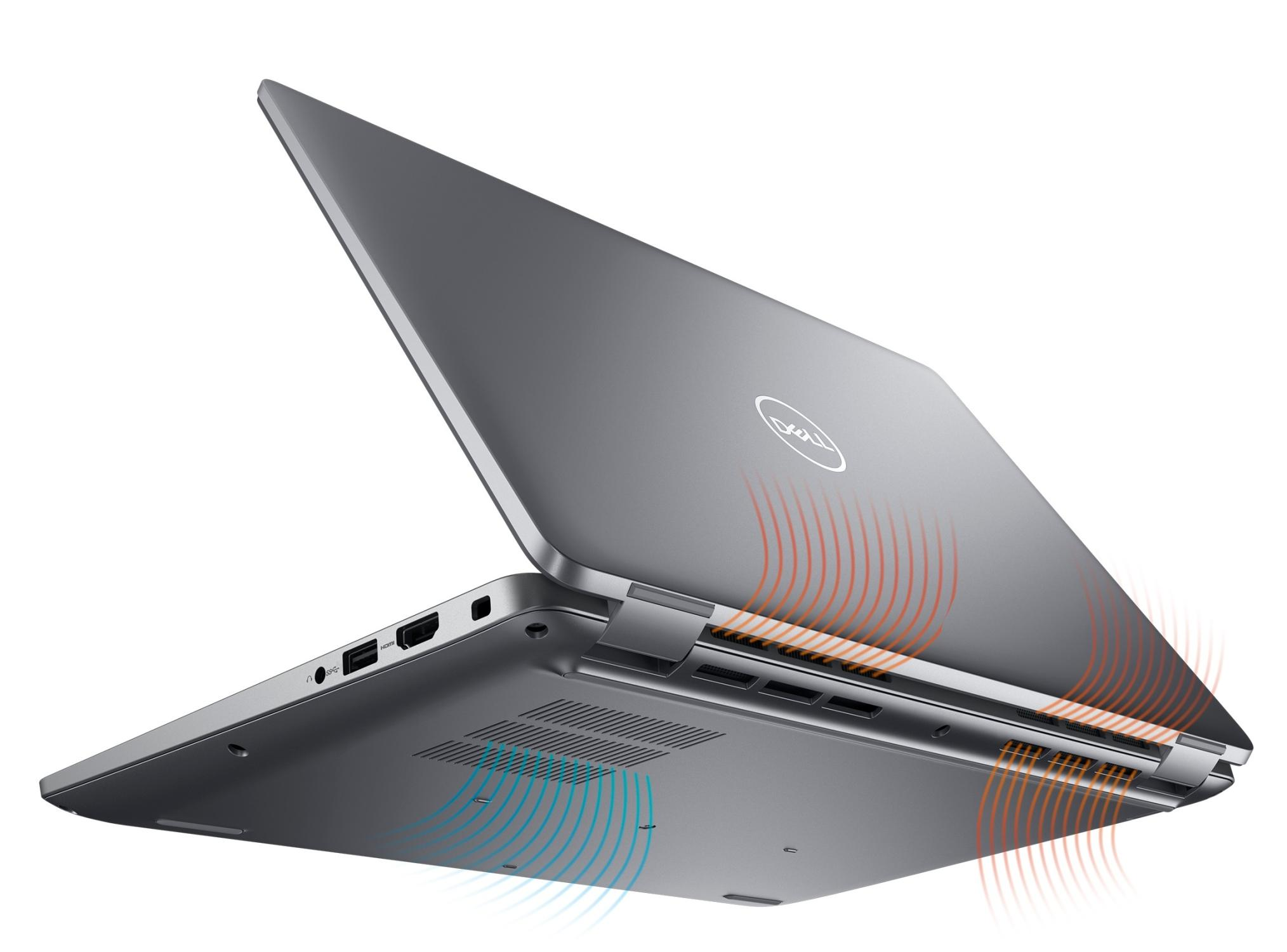 Grauer Dell Laptop mit geöffnetem Deckel und Lüftungsgittern.