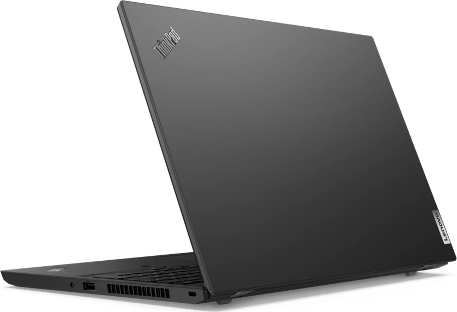 Schwarzer Laptop mit ThinkPad- und Lenovo-Logo auf weißem Hintergrund.