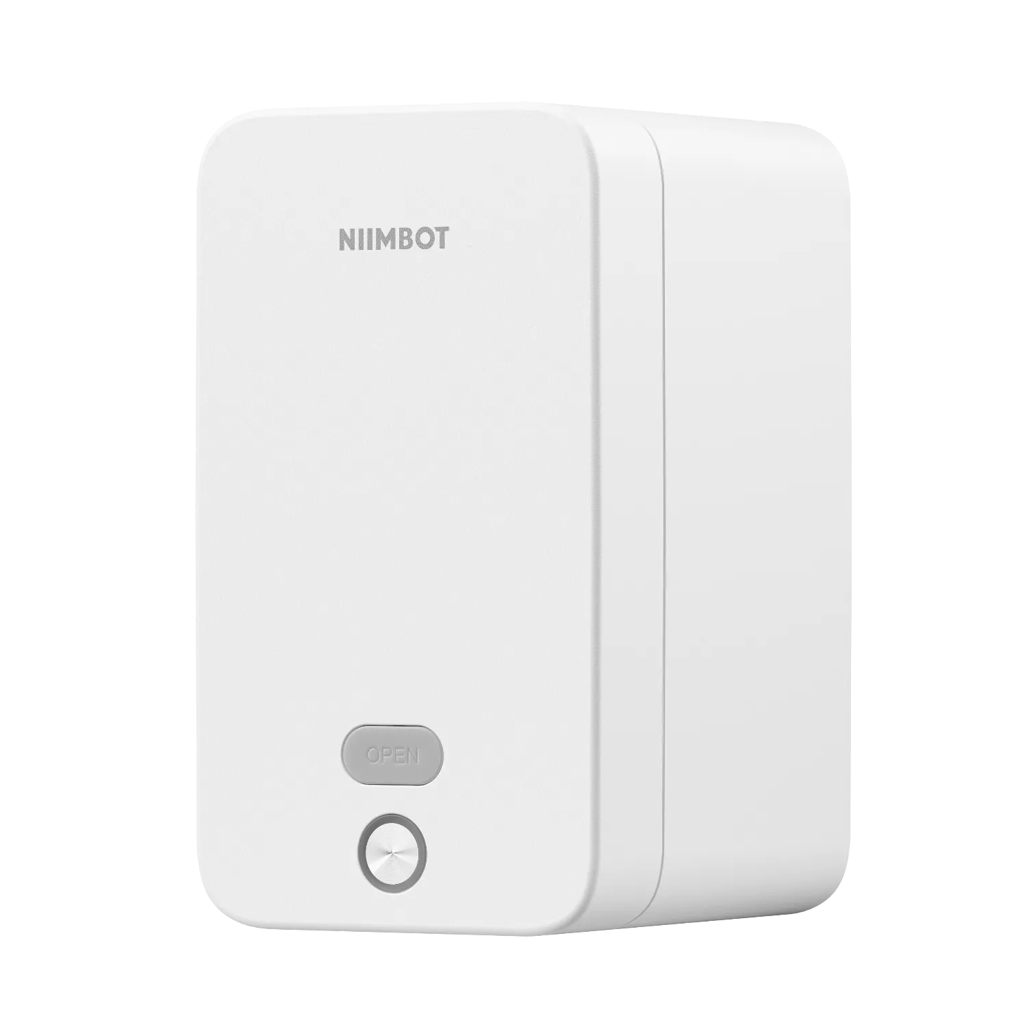 Biała drukarka NIIMBOT z przyciskami "OPEN" i zasilania.