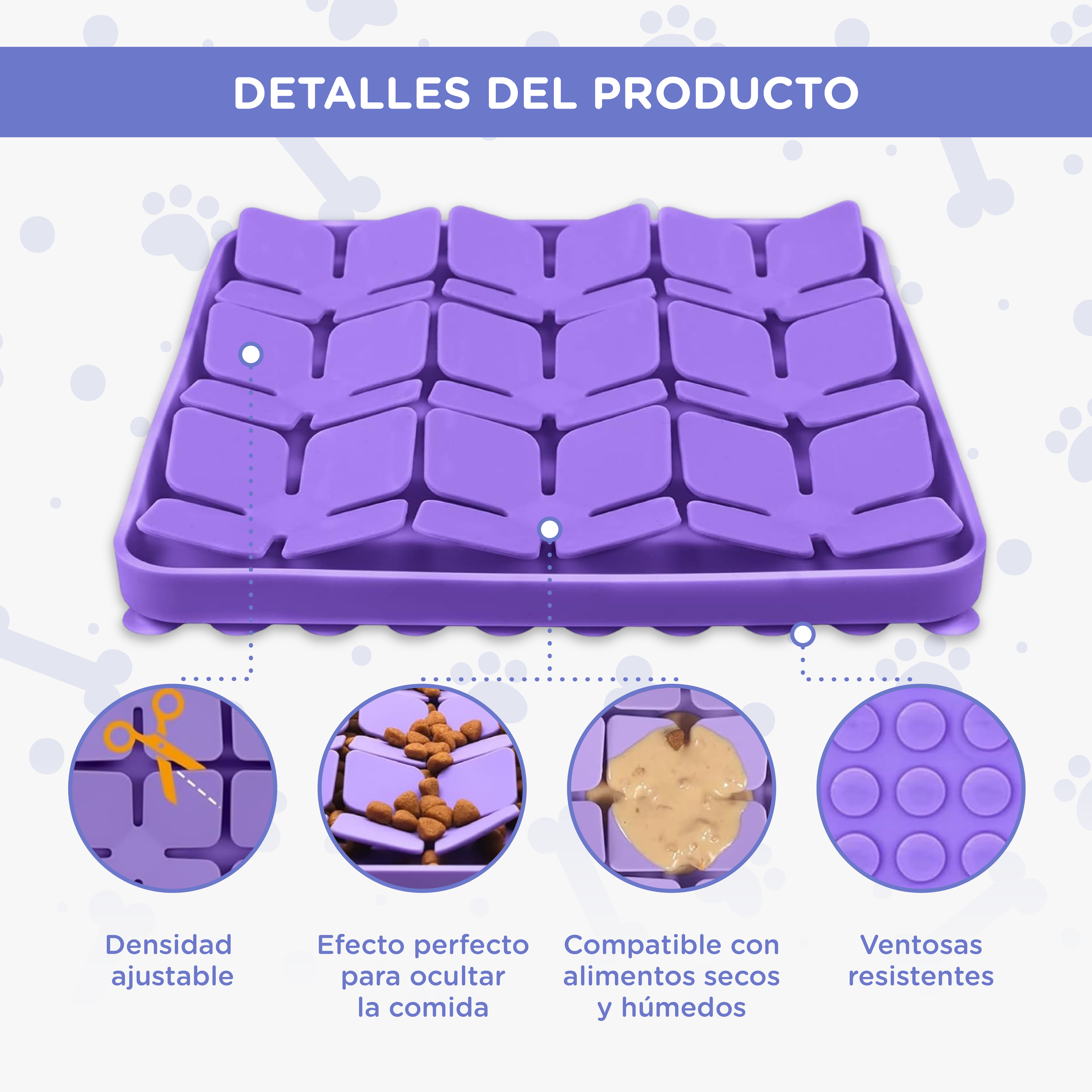 Alfombrilla morada con imágenes detalladas: cortes, pienso, comida húmeda, ventosas.