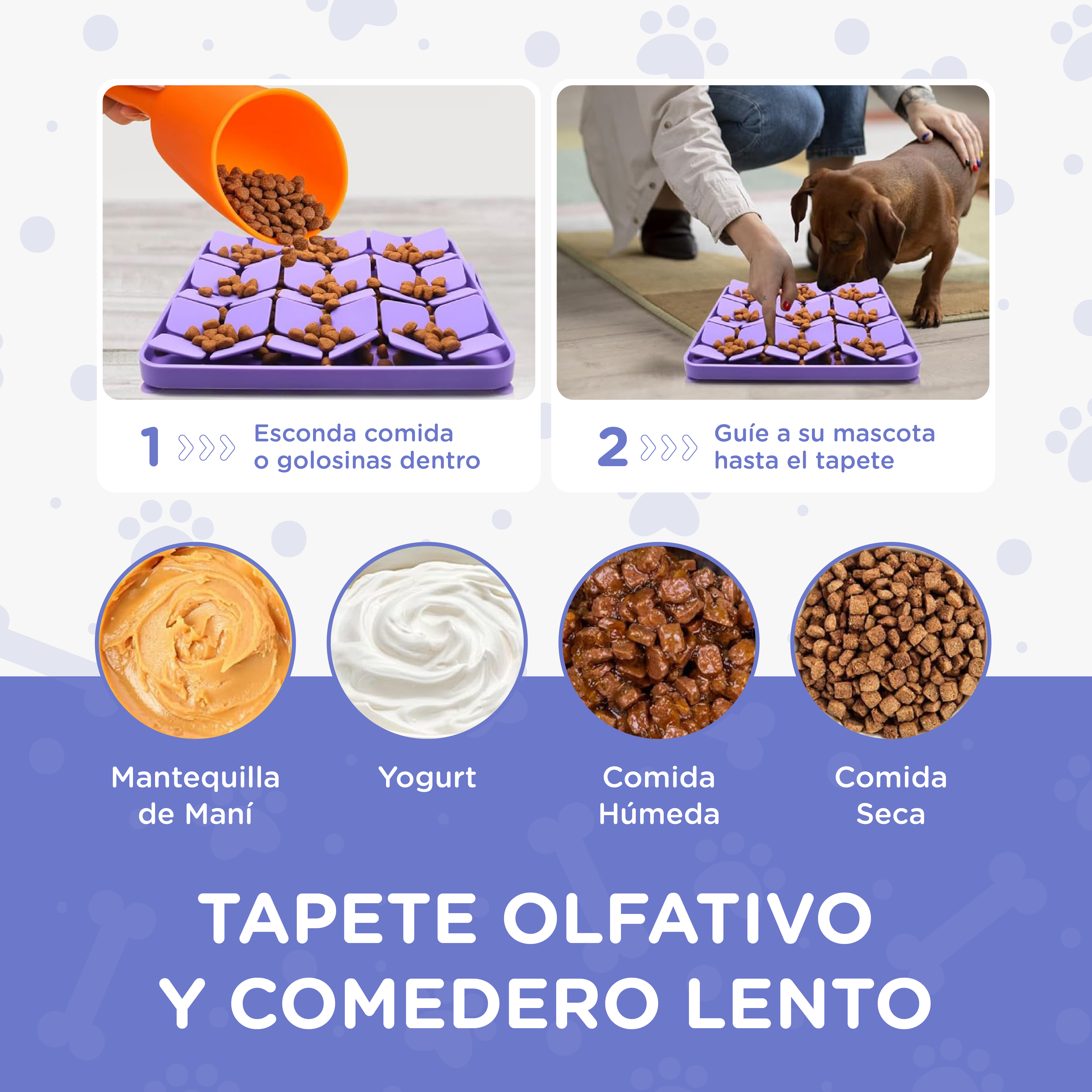 Premios para perros en tapete morado. Abajo, crema de cacahuete, yogur y comida.