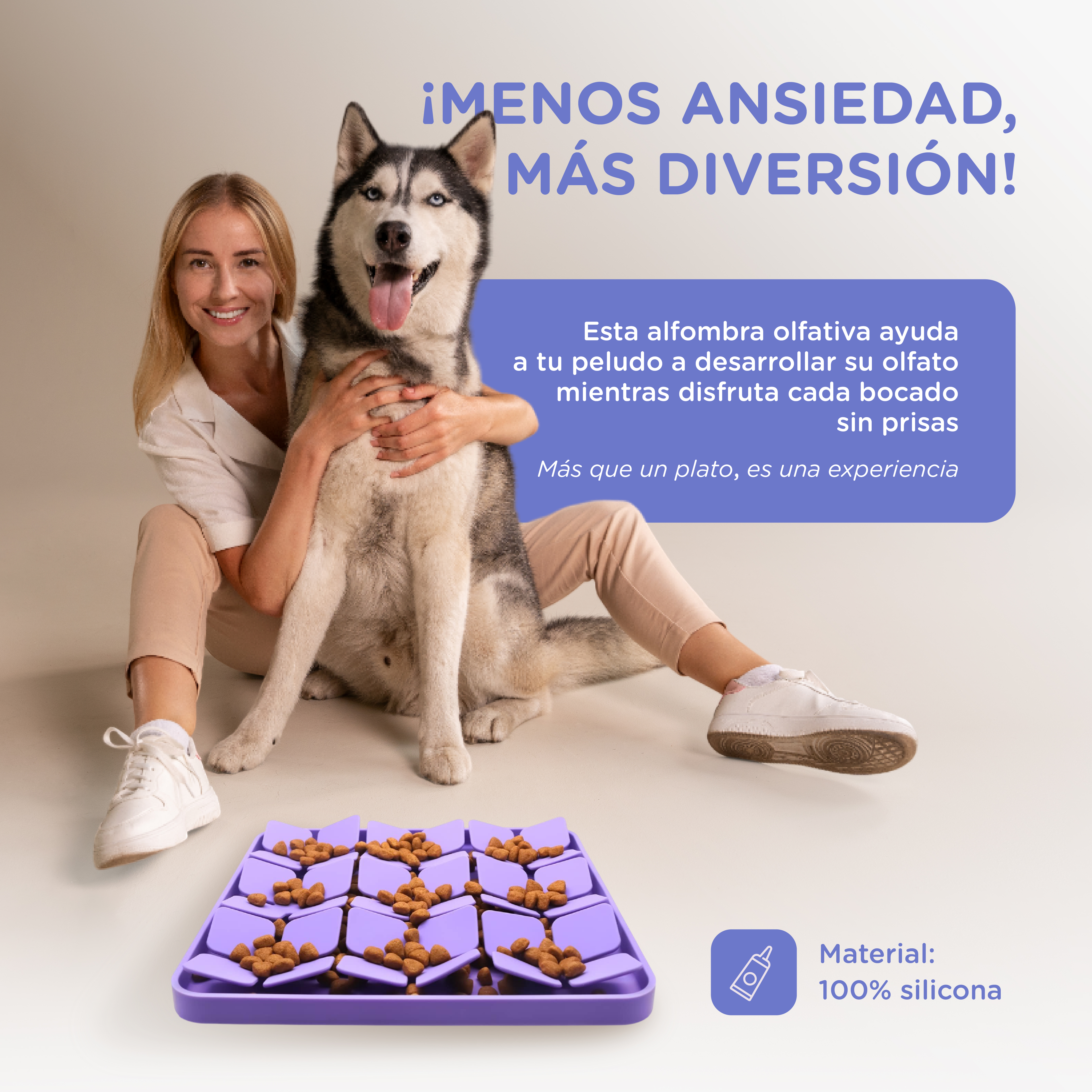 Una mujer con un husky y un tapete olfativo morado lleno de comida.