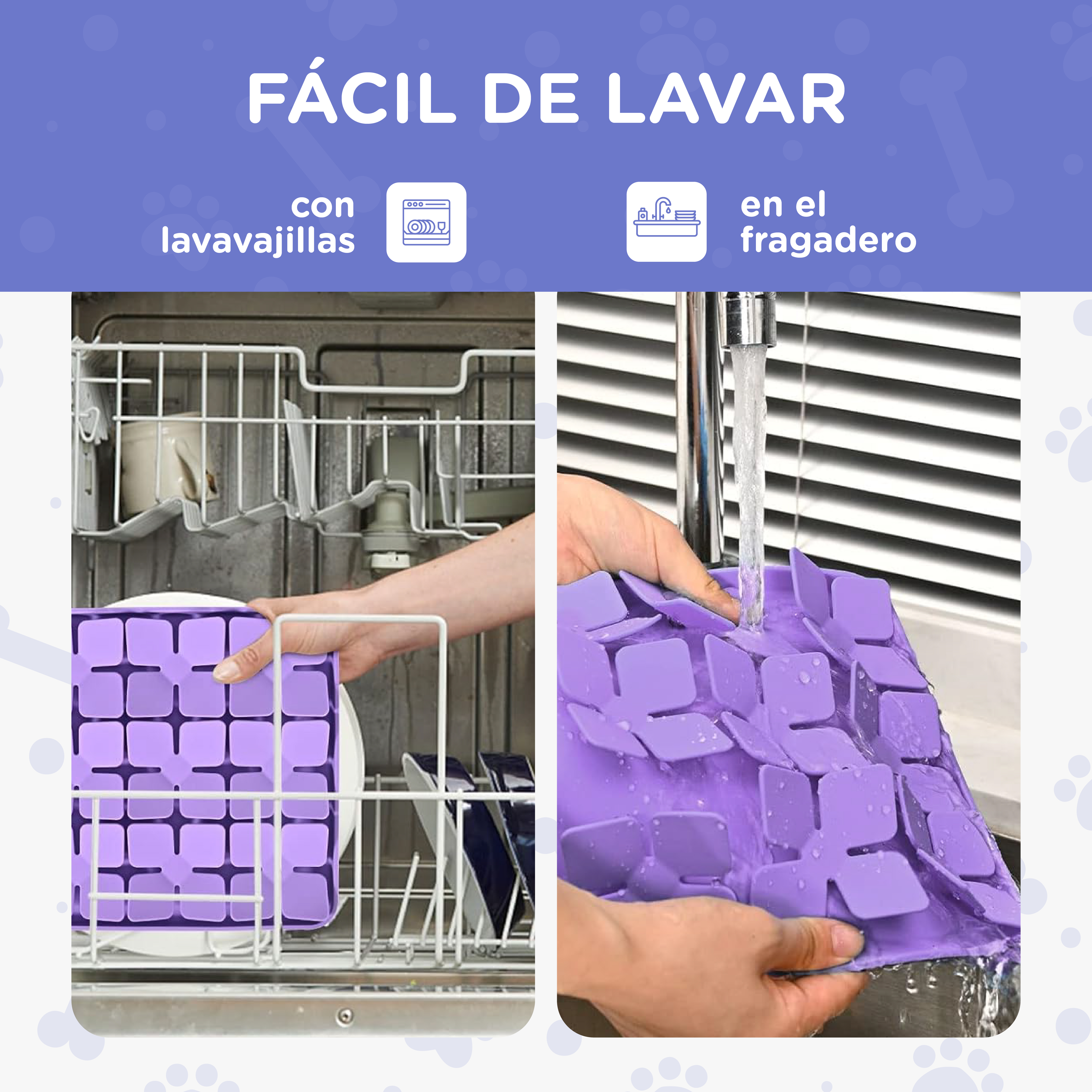 Molde morado para cubitos de hielo limpiado en lavavajillas y bajo el grifo.