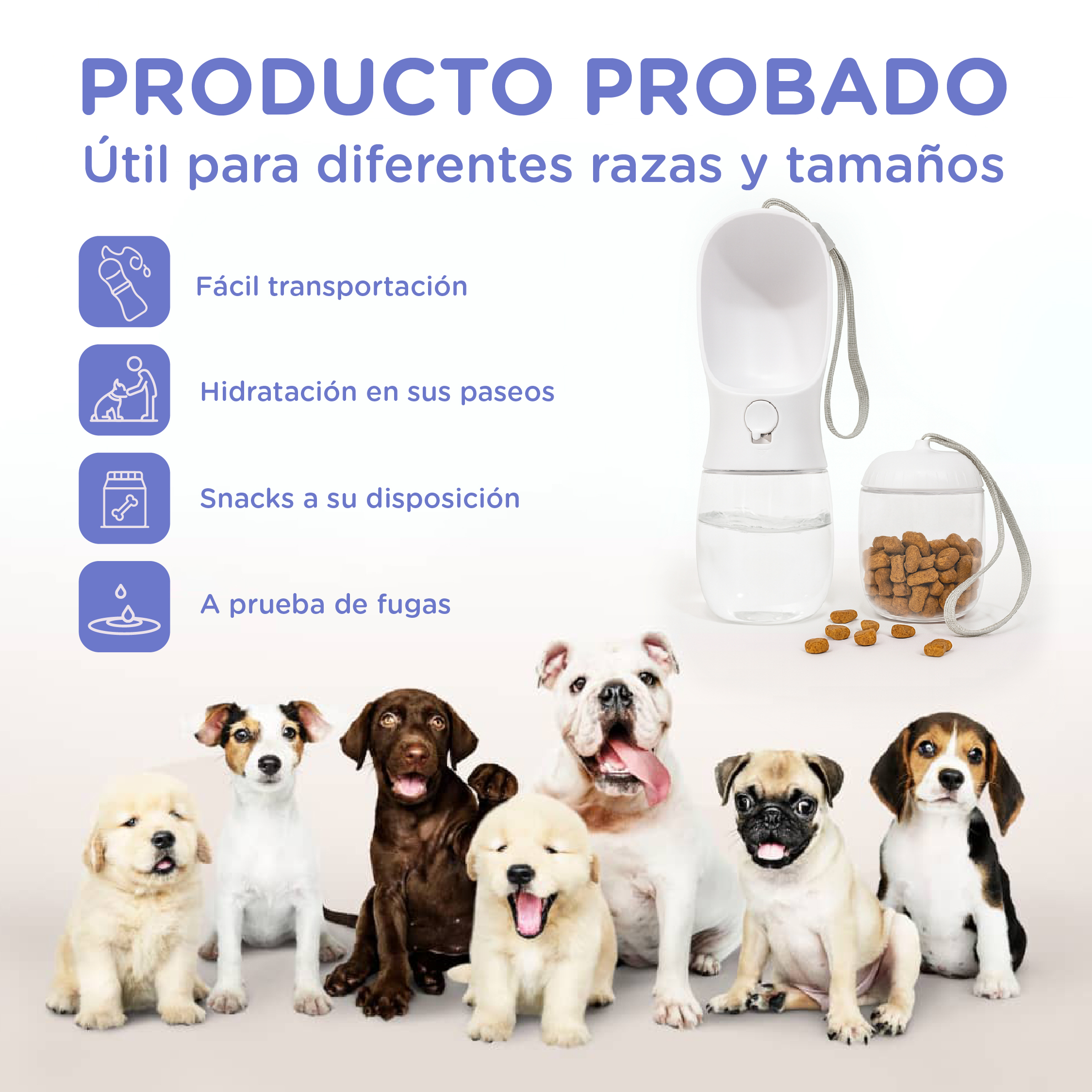 Botella de agua para perros y recipiente para golosinas con razas de perros.