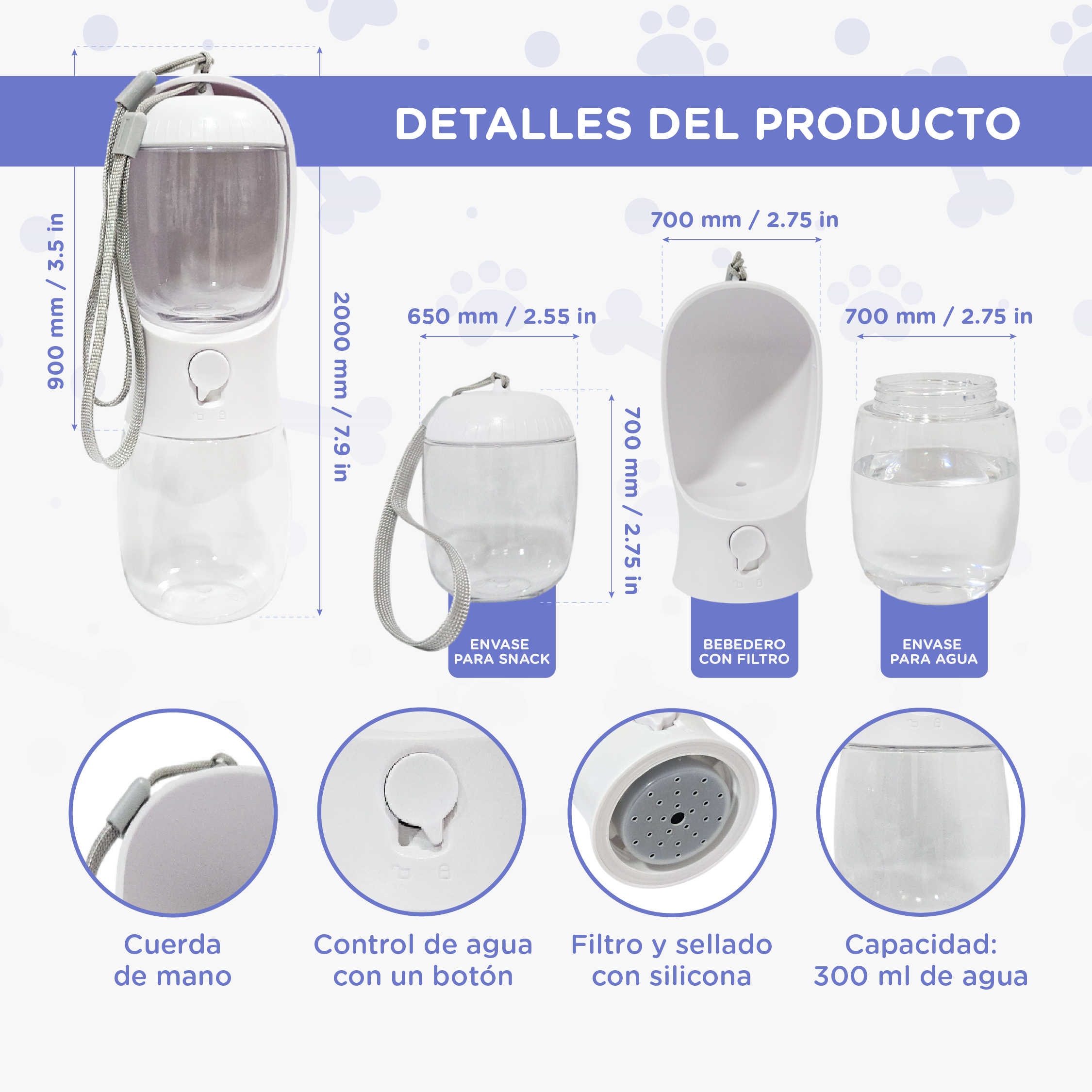 Un dispensador de agua blanco para mascotas con recipiente transparente, correa y filtro.