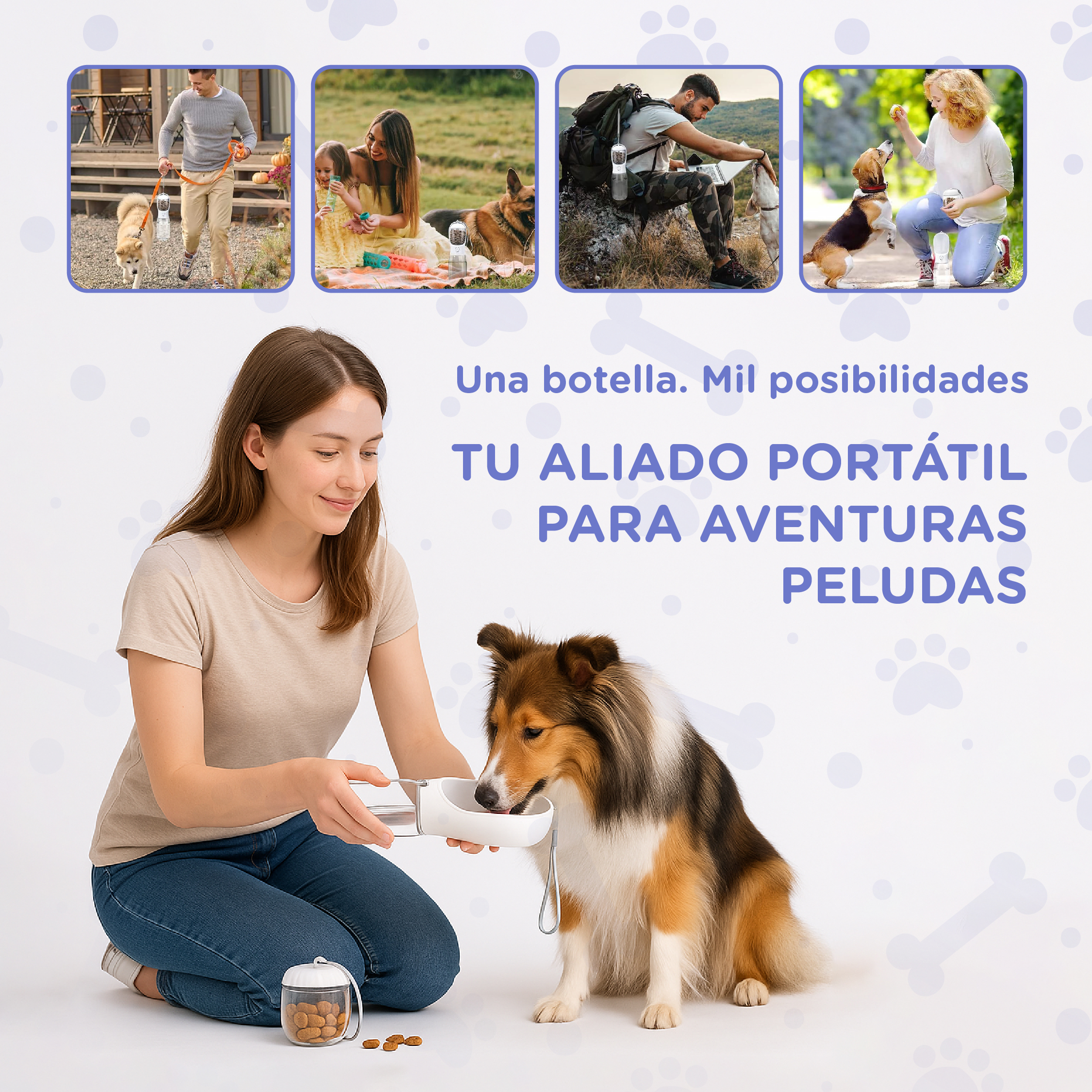 Mujer da agua a perro de cuenco portátil. Perros pequeños al fondo.