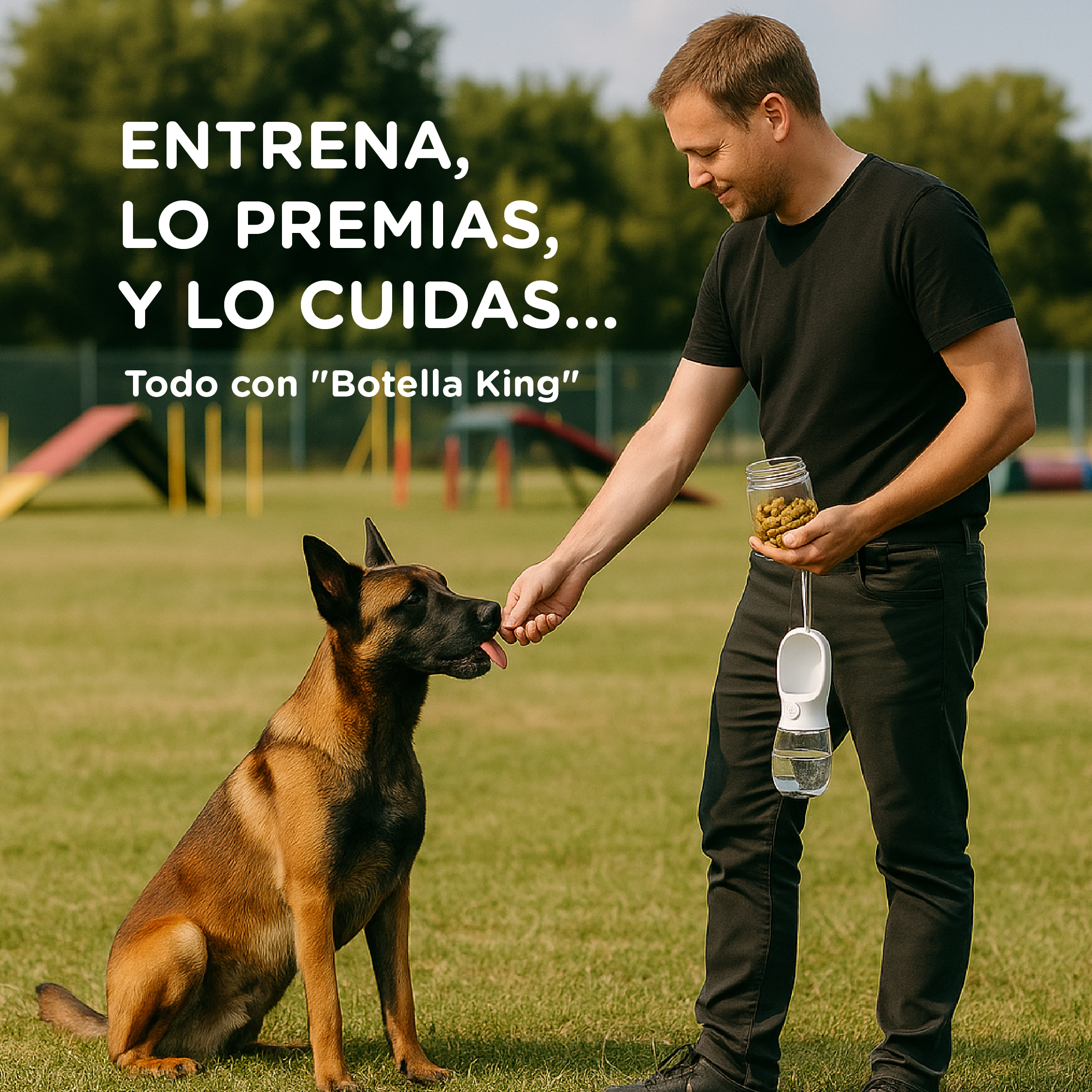 Un hombre le da una golosina a un perro afuera de un frasco.
