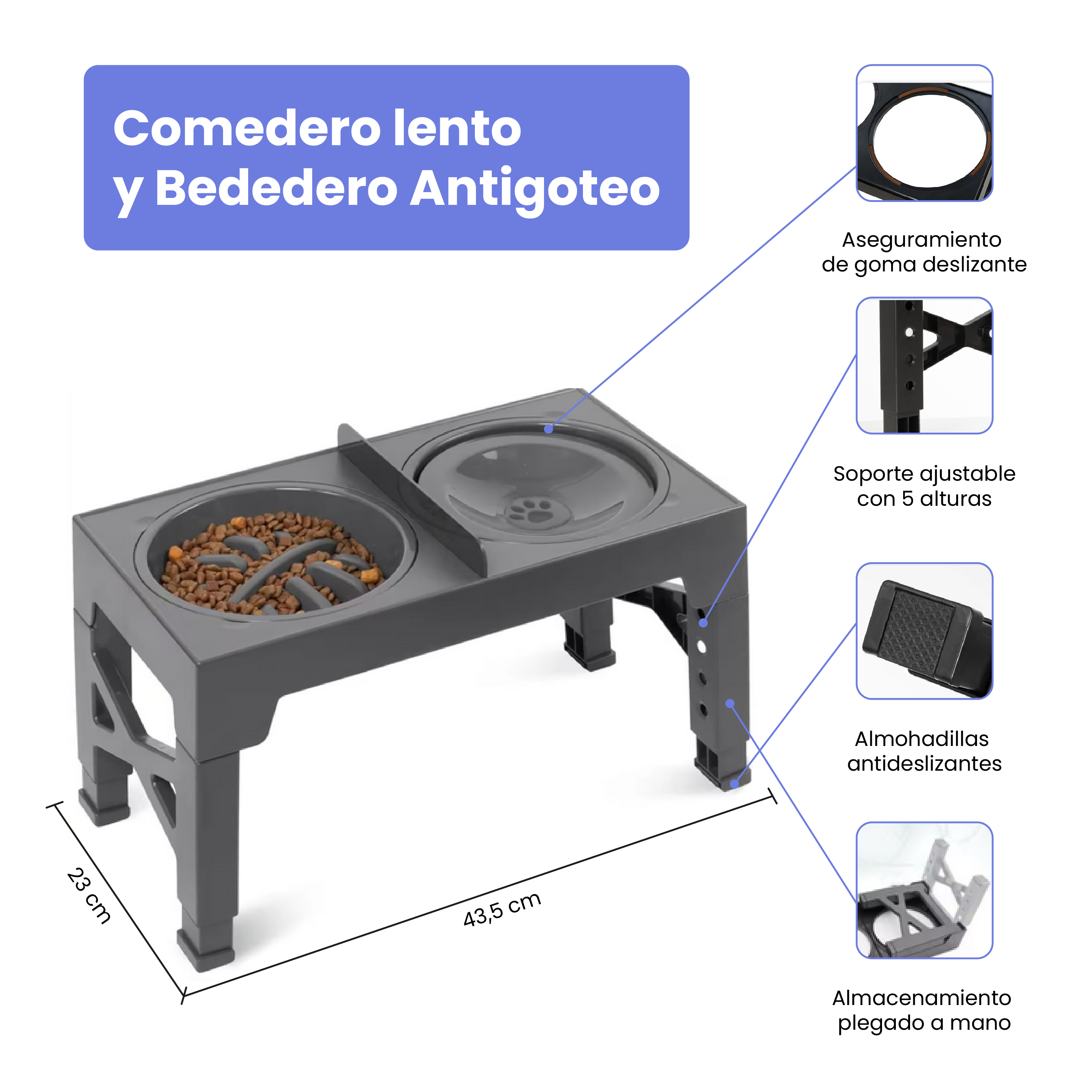 Comedero elevado gris para perros con compartimentos para comida y agua.