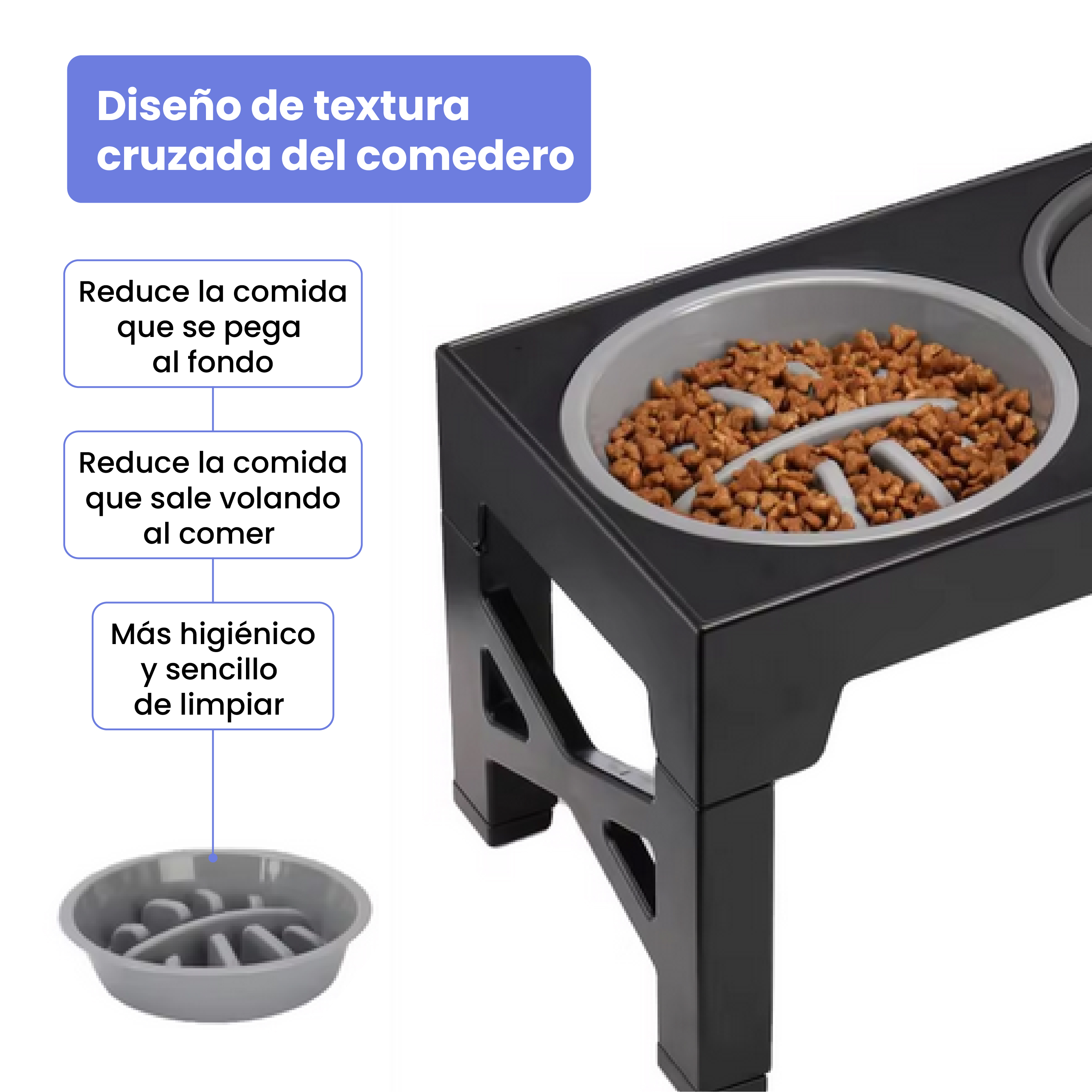 Un comedero elevado negro con pienso marrón en un inserto gris.
