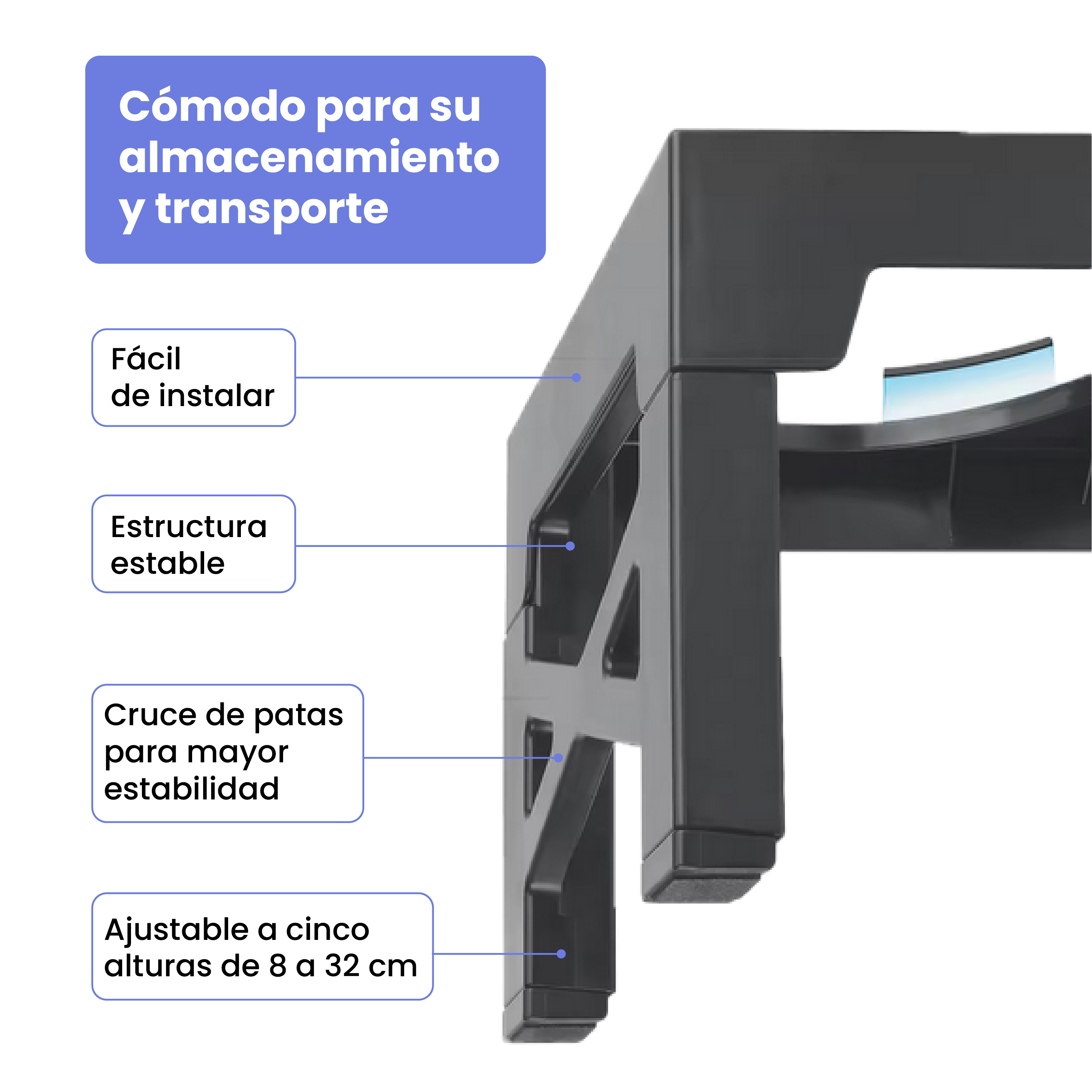 Un soporte negro ajustable con etiquetas que detallan sus características.