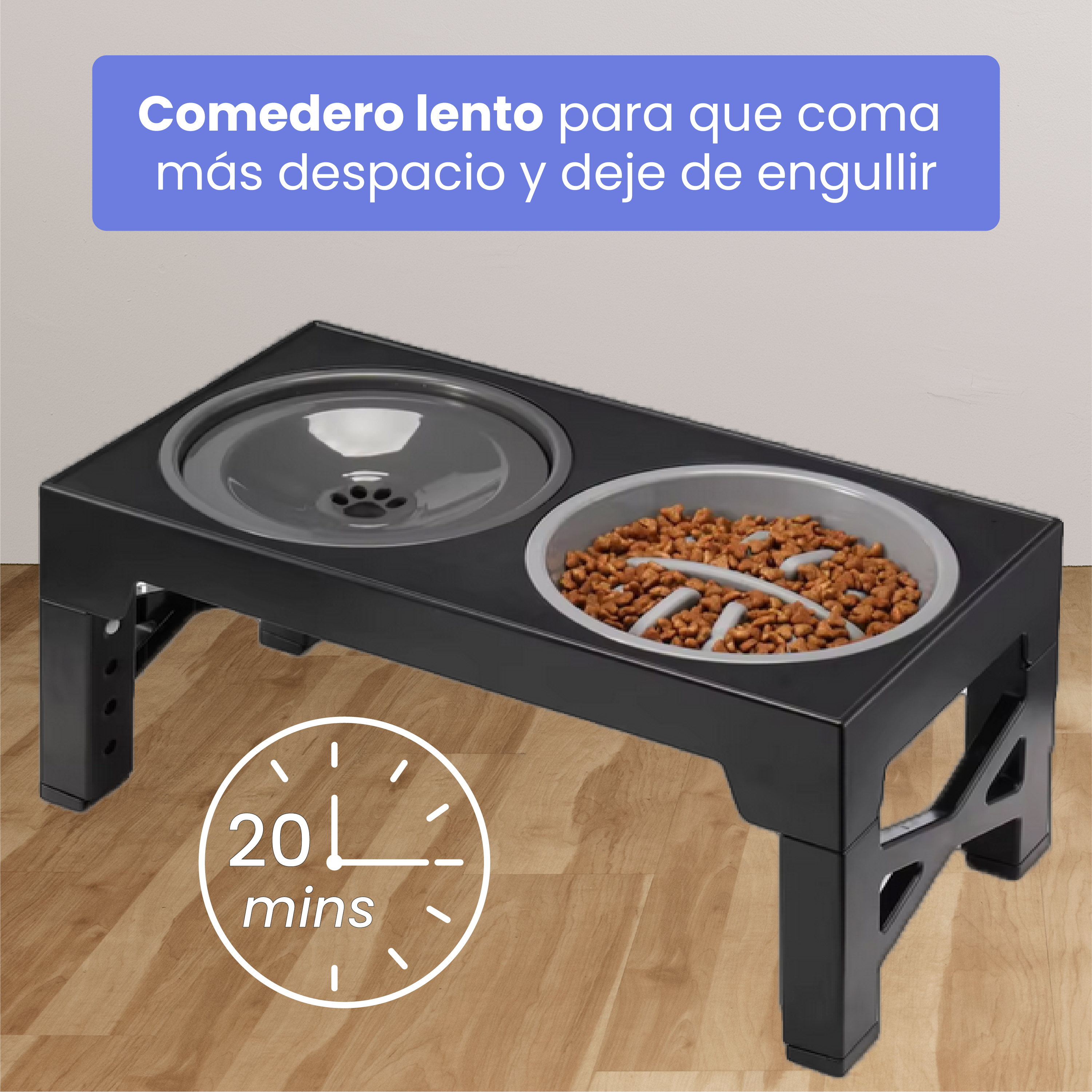 Un comedero negro elevado con dos cuencos, uno para agua y otro para comida.