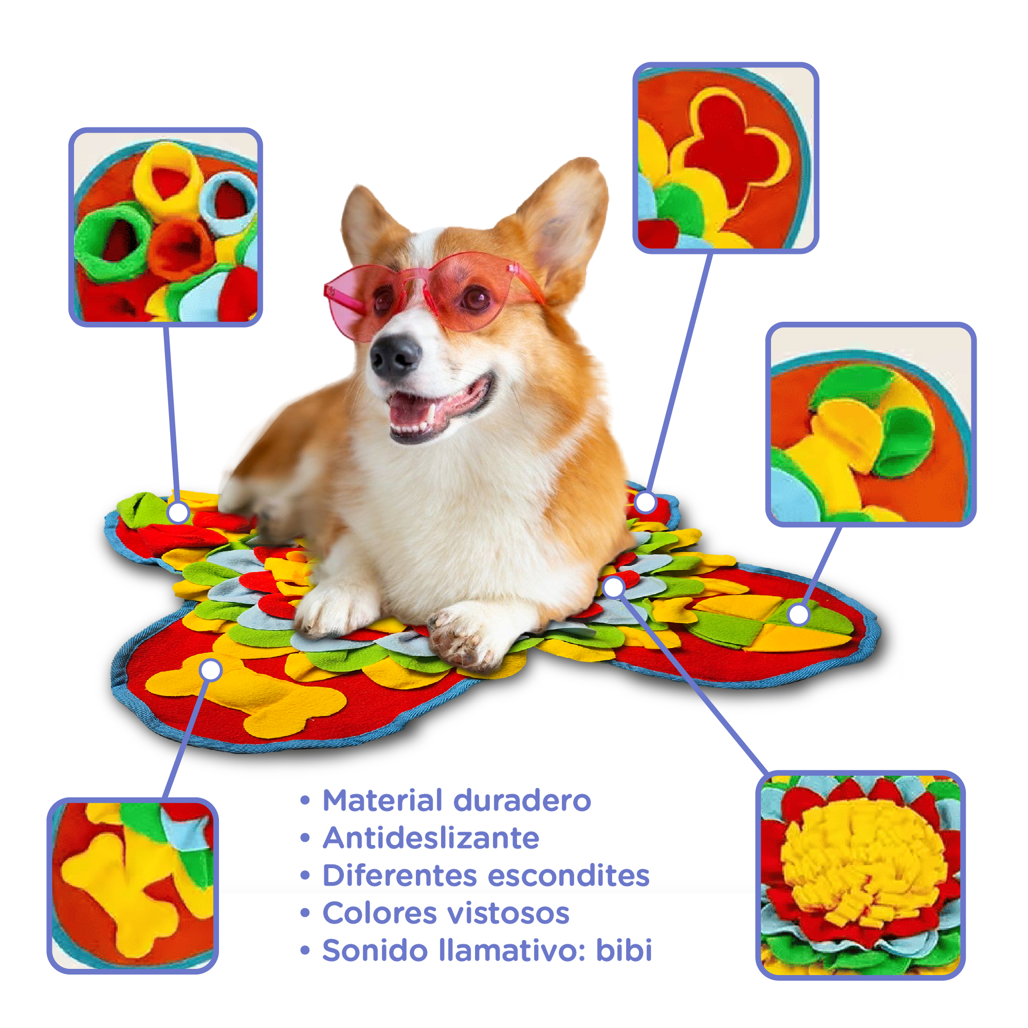 Un corgi con gafas de sol descansa sobre una alfombra colorida con compartimentos.
